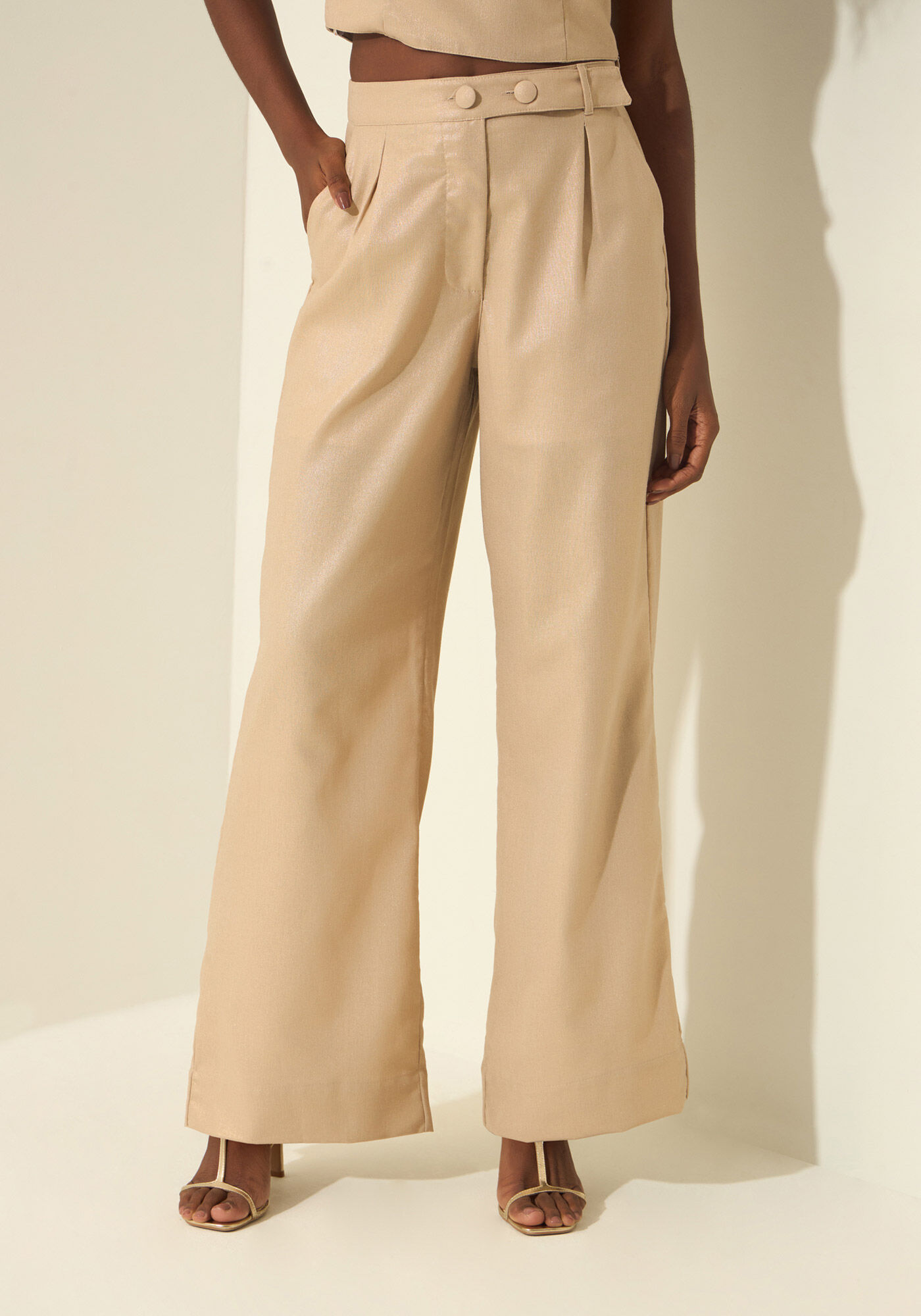 Cal&ccedil;a Reta De Cintura Alta Em Tecido Com Linho, BEGE FAIRWAY, large.