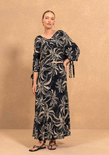 Saia Estampada De Cintura Alta Em Viscose Responsável, COQUEIRO PRETO. Saia Estampada De Cintura Alta Em Viscose Responsável, COQUEIRO PRETO, large.