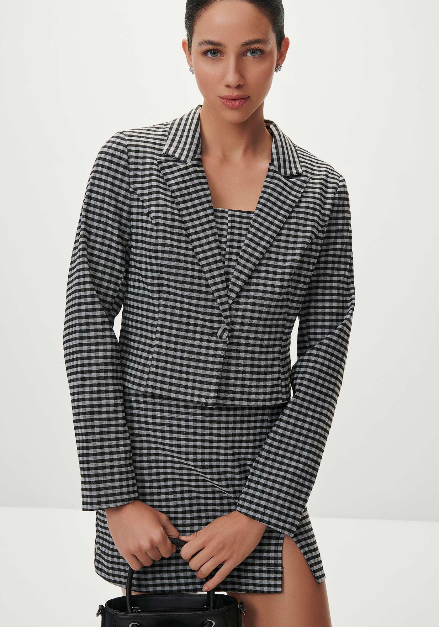 Blazer Alfaiataria Cropped Xadrez, , large.