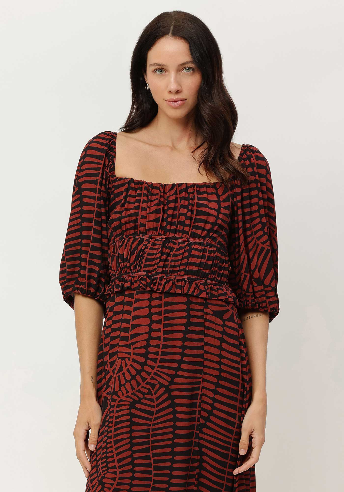 Vestido Midi Estampado com Manga Bufante e Fenda, , large.