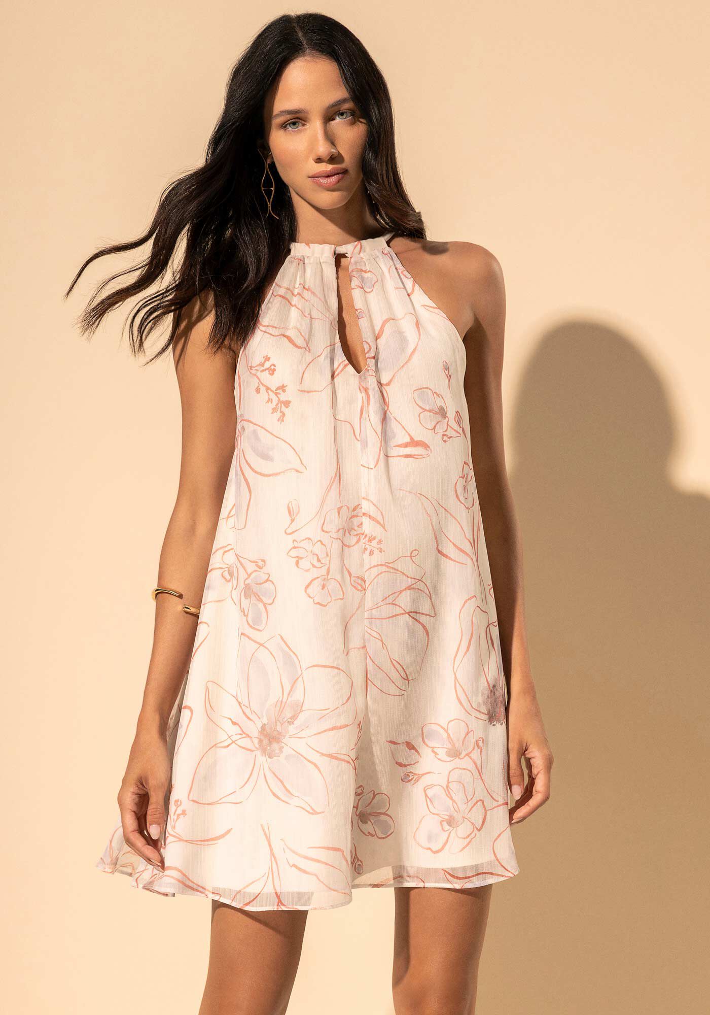 Vestido Curto Estampado Fluido Com Transpar&ecirc;ncia, FLORADA BEGE, large.