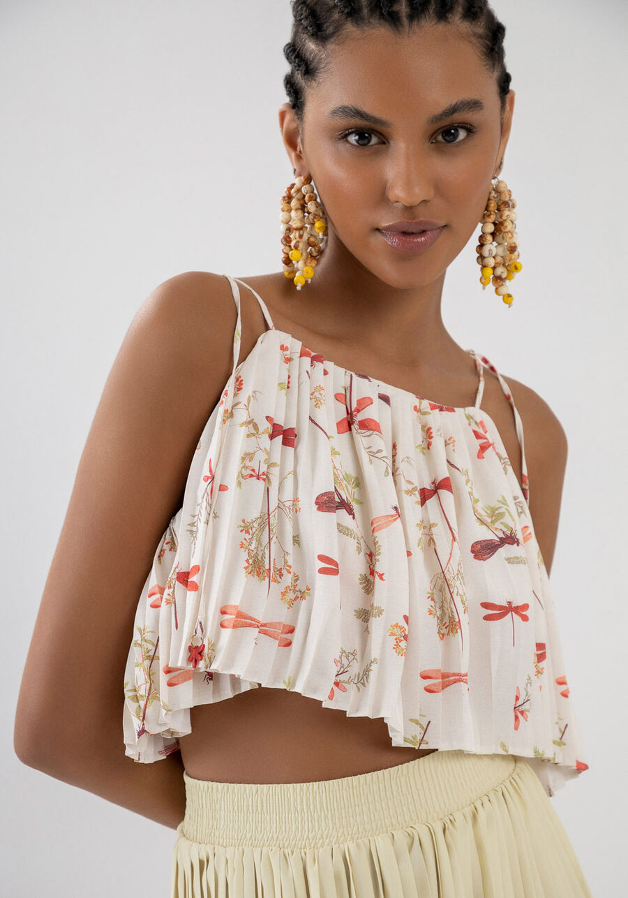 Blusa Plissada Cropped Estampada com Detalhe Alças, LIBELULAS. Blusa Plissada Cropped Estampada com Detalhe Alças, LIBELULAS, large.