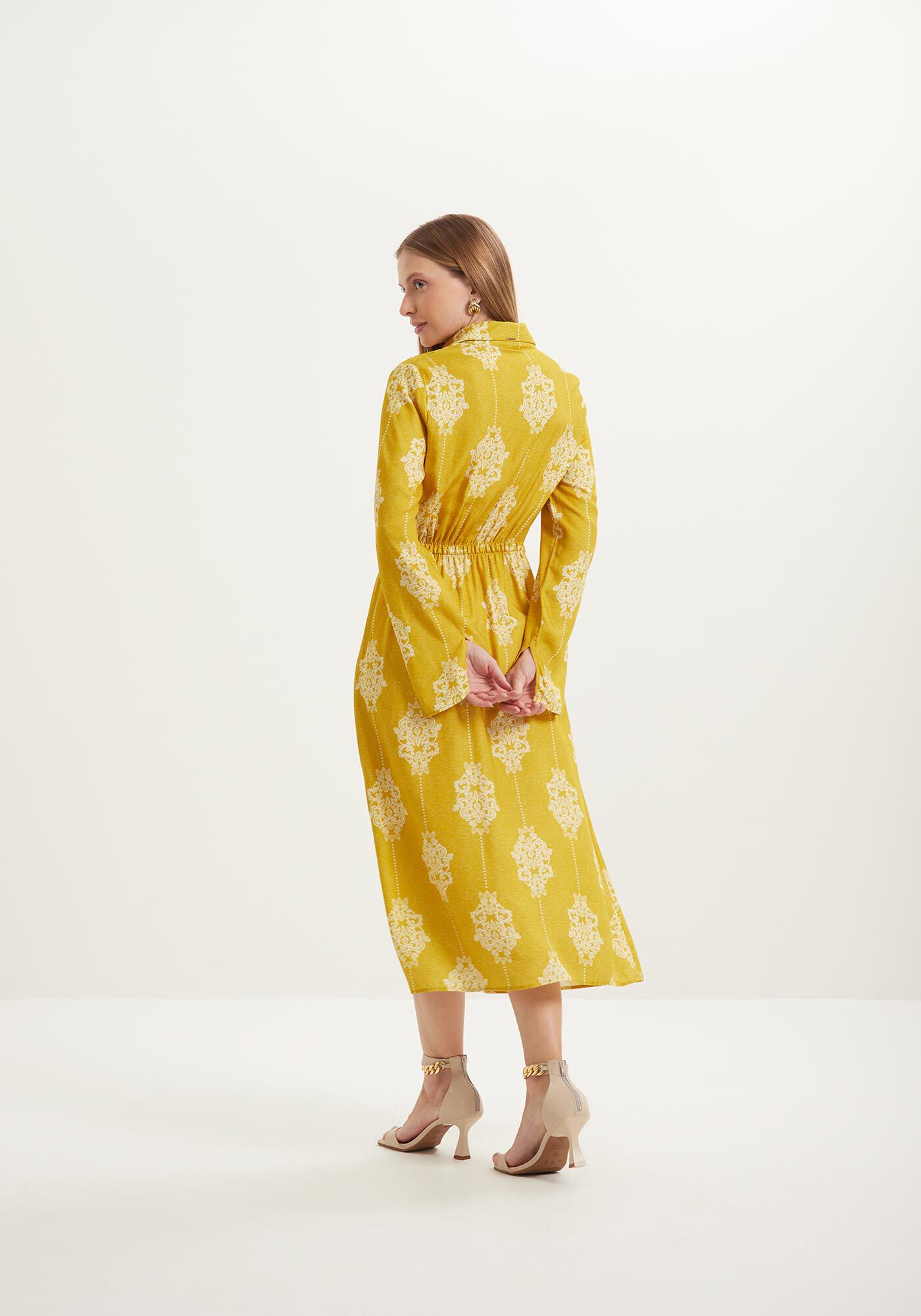 Vestido Midi Estampado Fluido De Mangas Longas Com El&aacute;stico, , large.