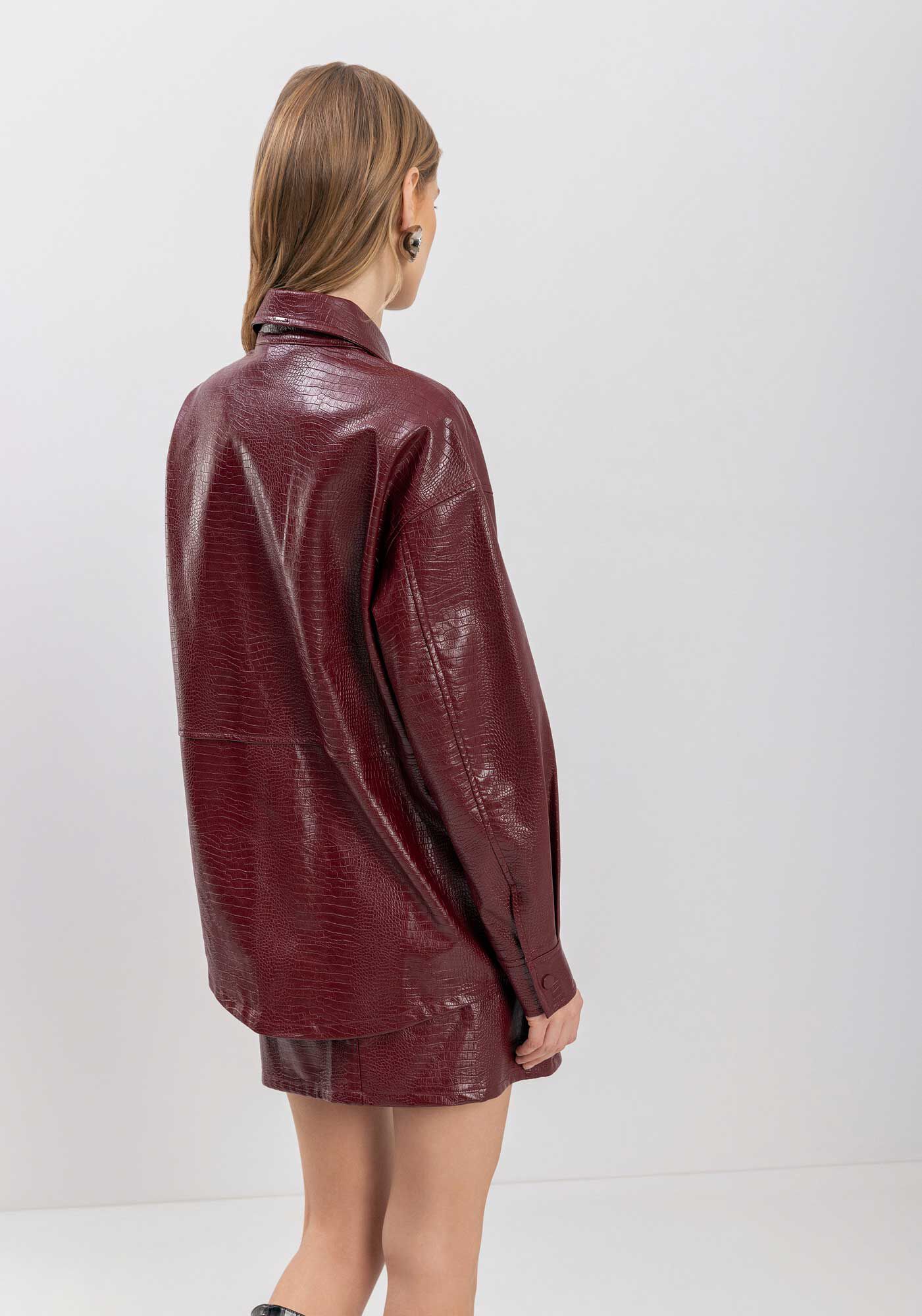 Camisa Alongada De Mangas Longas Com Bolsos Em PU Croco, , large.