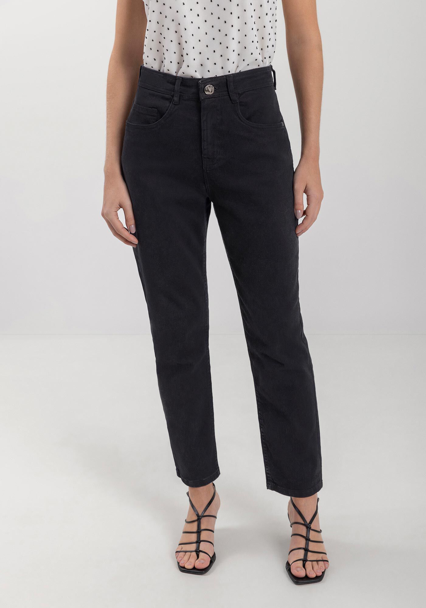 Cal&ccedil;a Mom De Cintura Alta Em Sarja Com Elastano, , large.