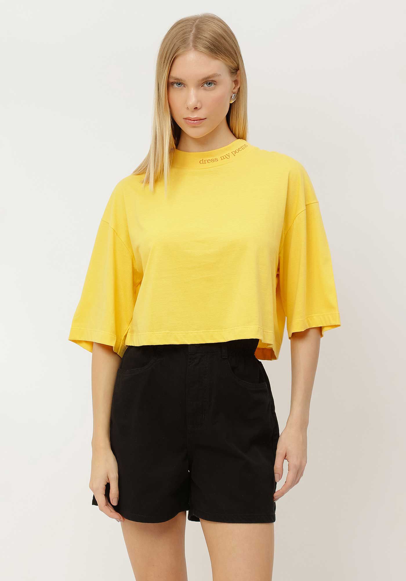 T-shirt Cropped Oversized com Gola, AMARELO RADIANTE, large.