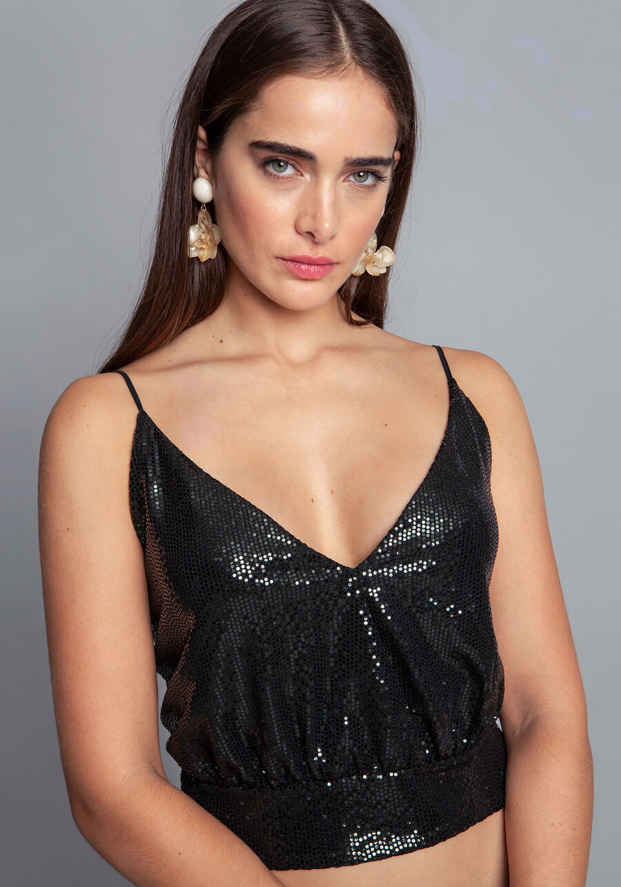 Blusa Cropped de Alça Fina Paetê Glam, . Blusa Cropped de Alça Fina Paetê Glam, , large.
