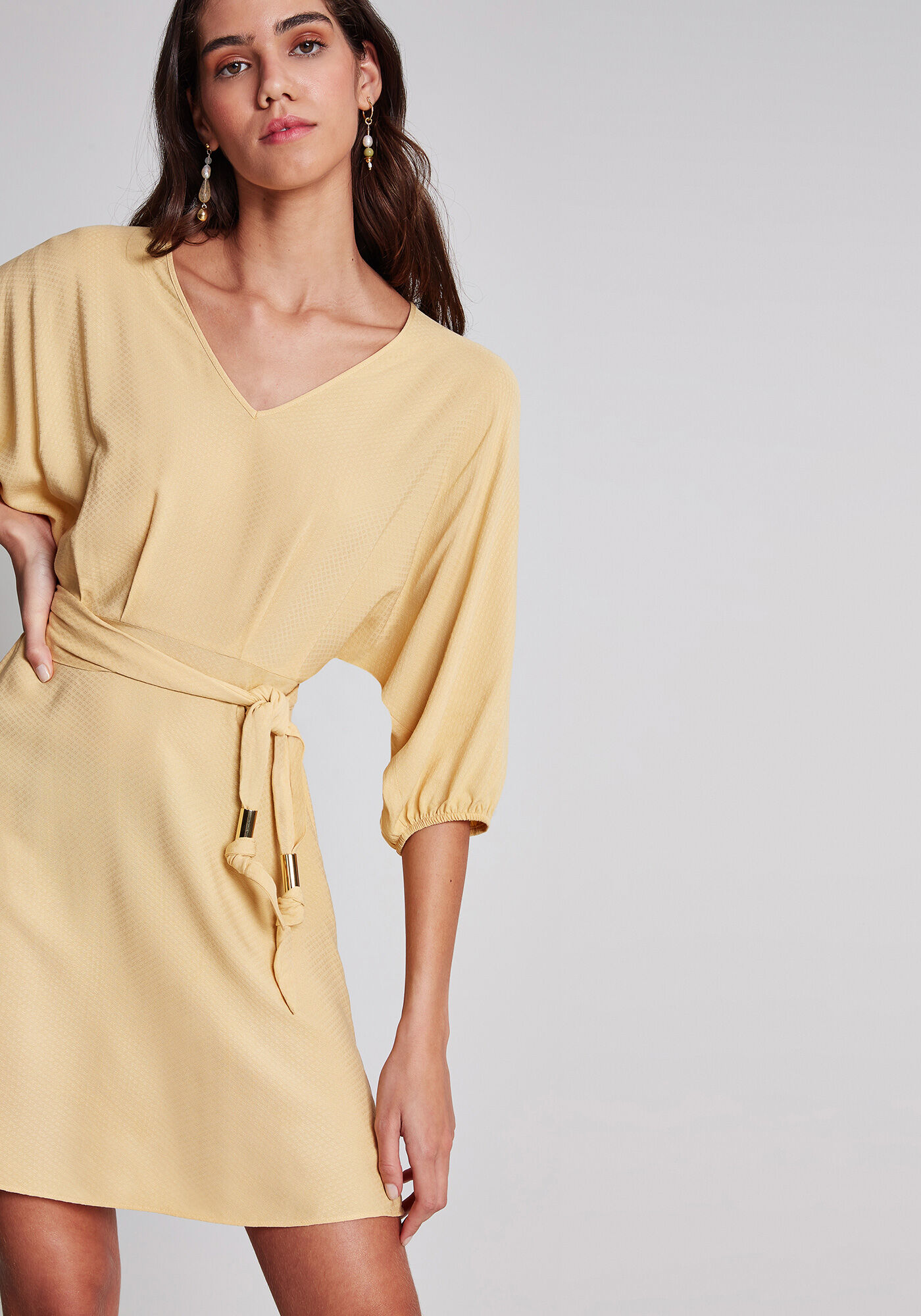 Vestido Curto Manga Ampla Cinto, , large.