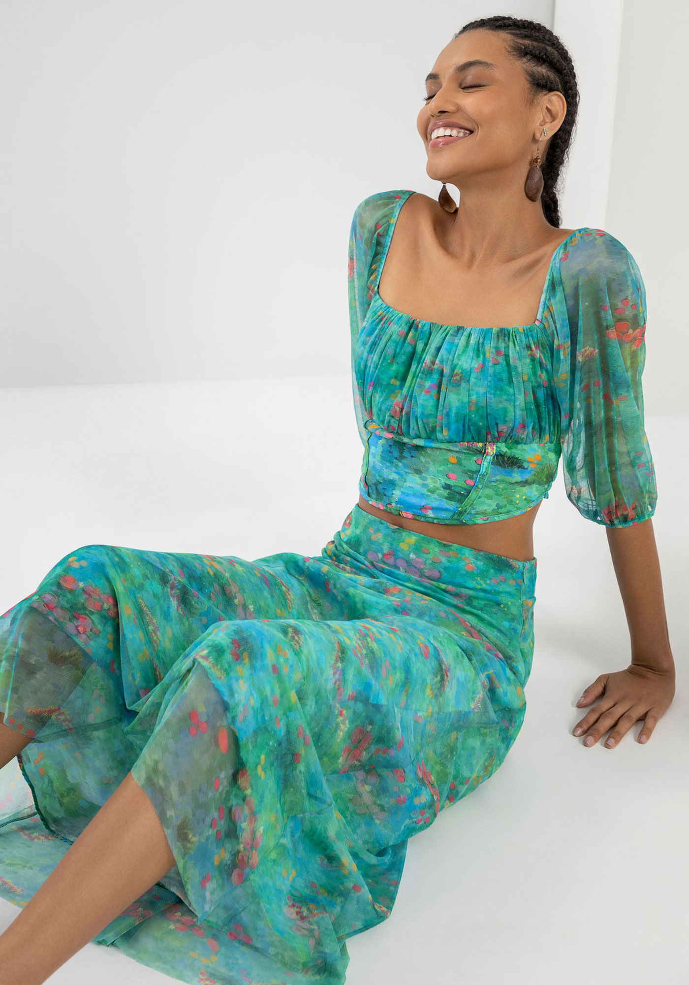 Saia Midi Estampada com Tule Sobreposto, , large.