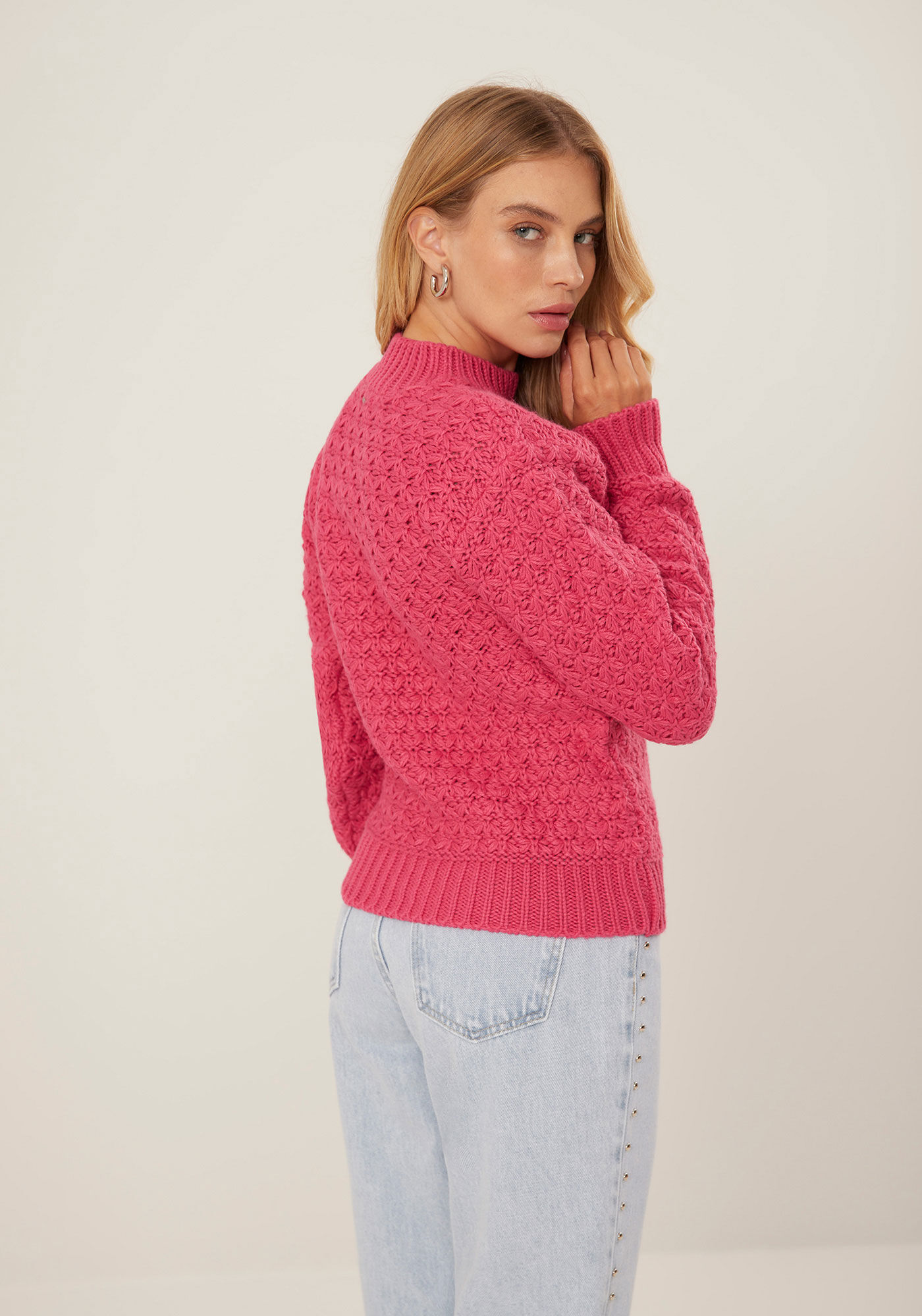 Blus&atilde;o Manga Longa em Tric&ocirc; com Textura, ROSA CARACAS, large.