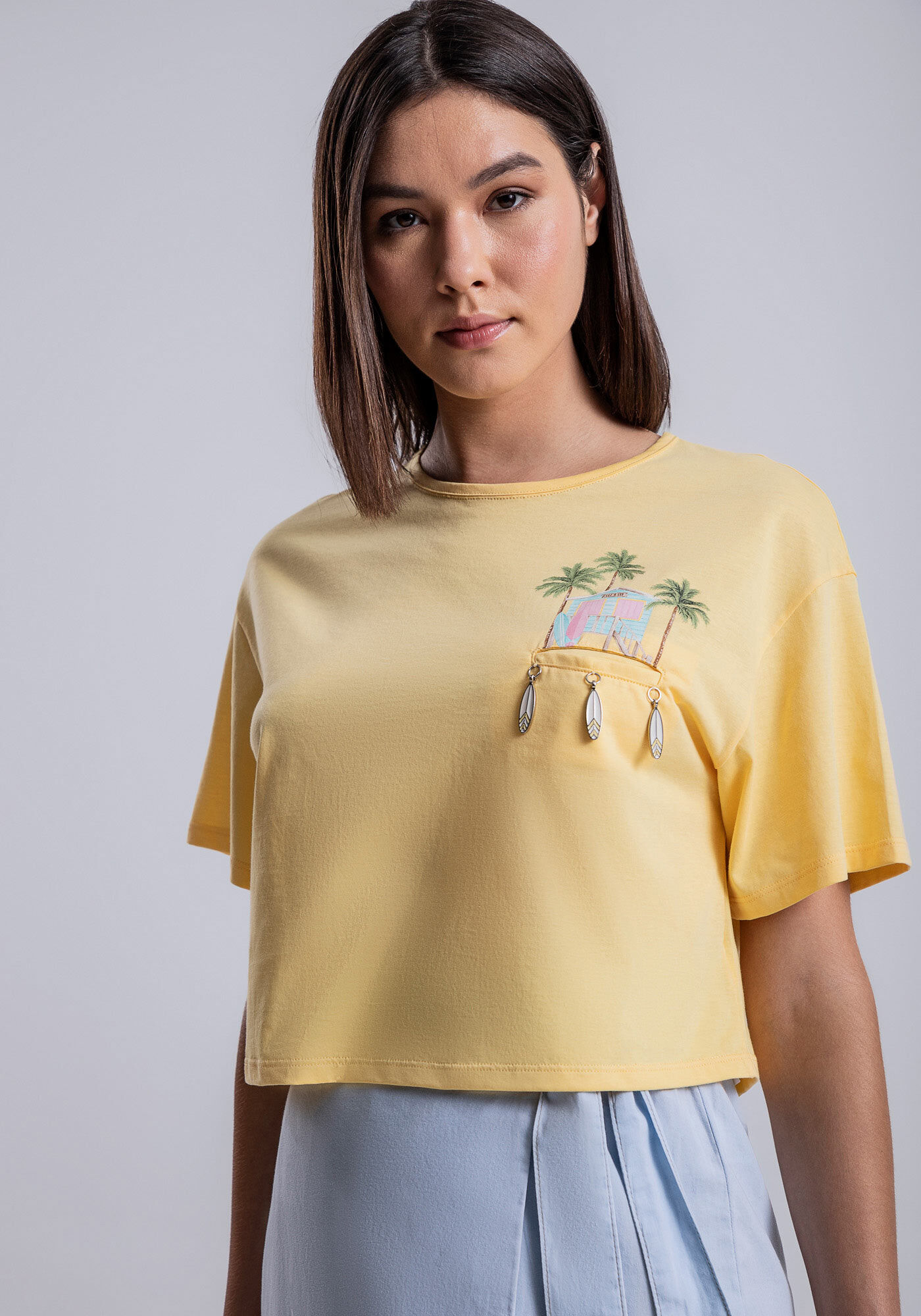 Blusa Cropped em Malha com Pingentes, AMARELO LIMONADA, large.