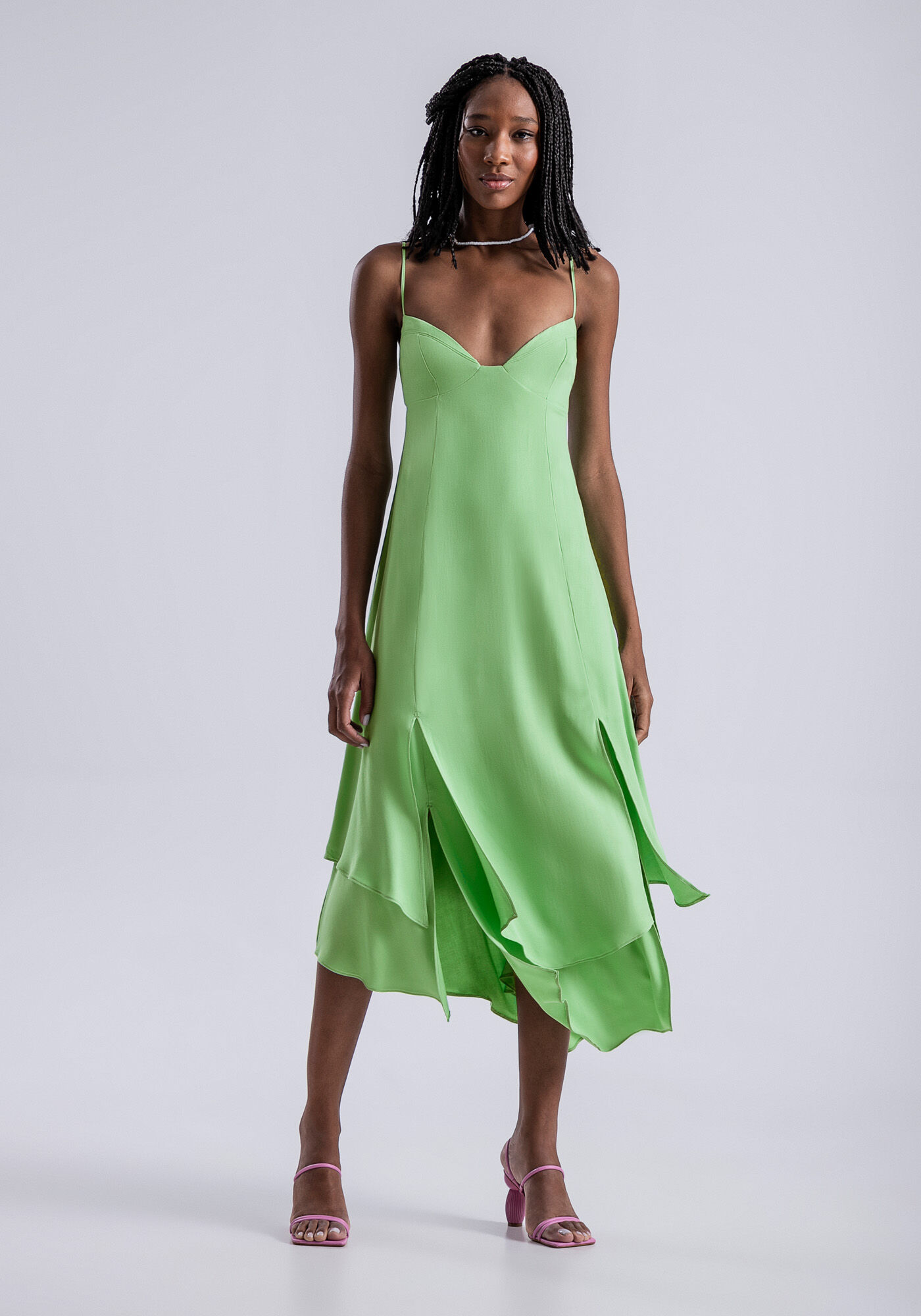 Vestido Midi em Viscose com Fendas Sobrepostas, , large.