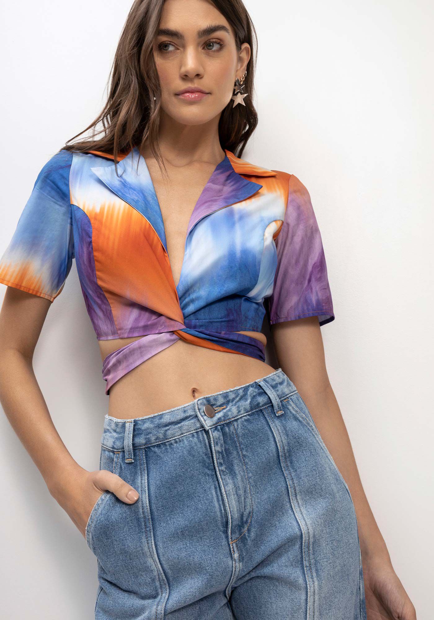 Blusa Estampada em Tricoline Transpassada, , large.