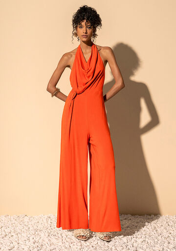 Macacão Longo Frente Única Com Franzido E Decote Degagê, LARANJA PAIXAO. Macacão Longo Frente Única Com Franzido E Decote Degagê, LARANJA PAIXAO, large.