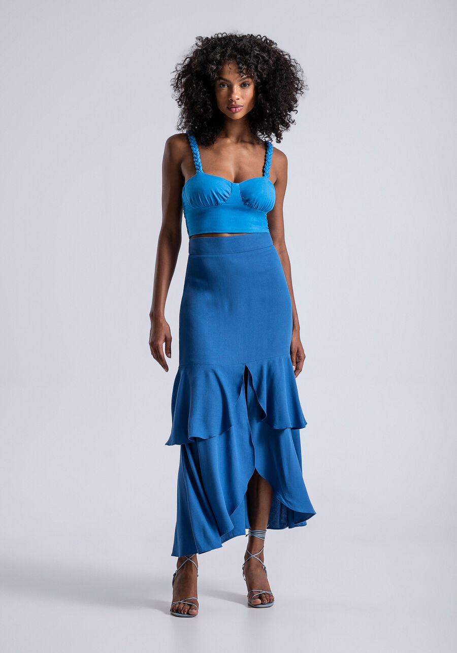 Saia Midi em Tecido Thige com Babados e Fenda, . Saia Midi em Tecido Thige com Babados e Fenda, , large.