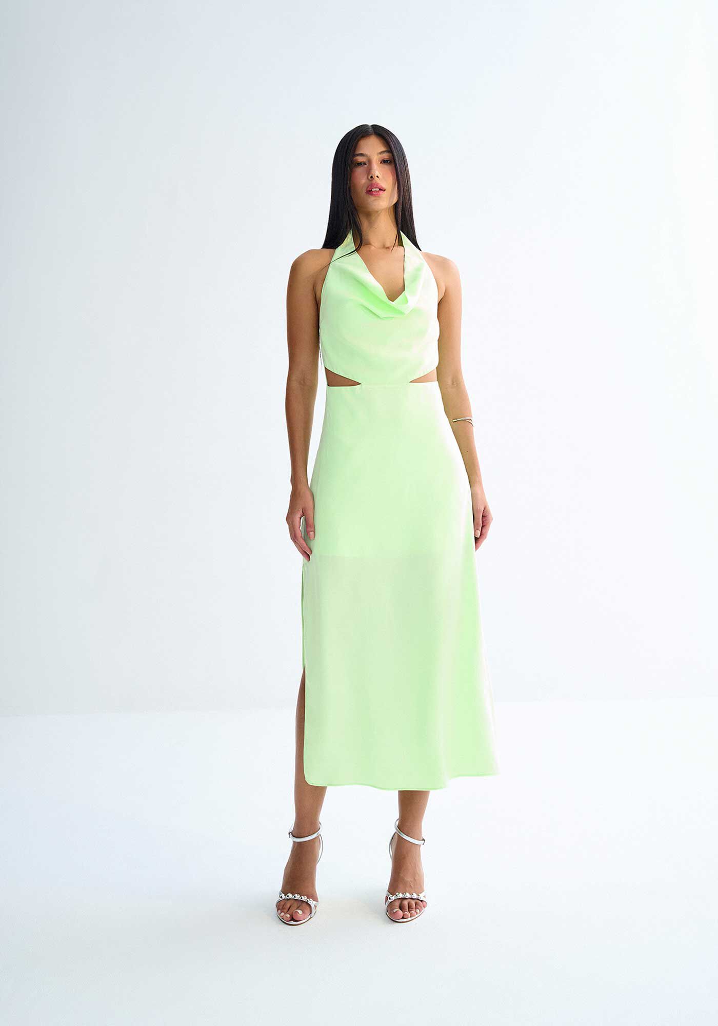 Vestido Midi Frente &Uacute;nica com Decote Degag&ecirc;, VERDE NOW, large.