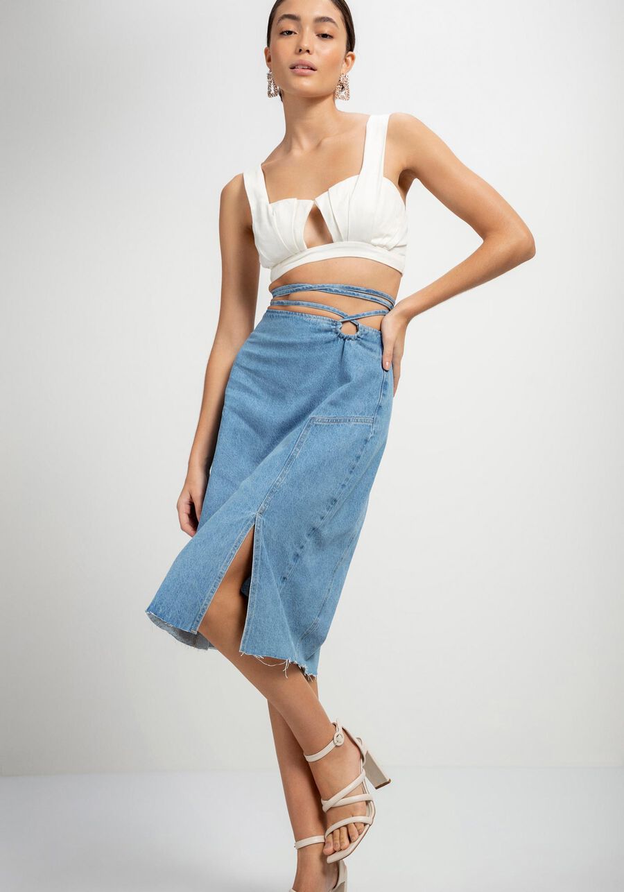Saia Jeans Midi com Cintura Alta e Amarração, JEANS. Saia Jeans Midi com Cintura Alta e Amarração, JEANS, large.