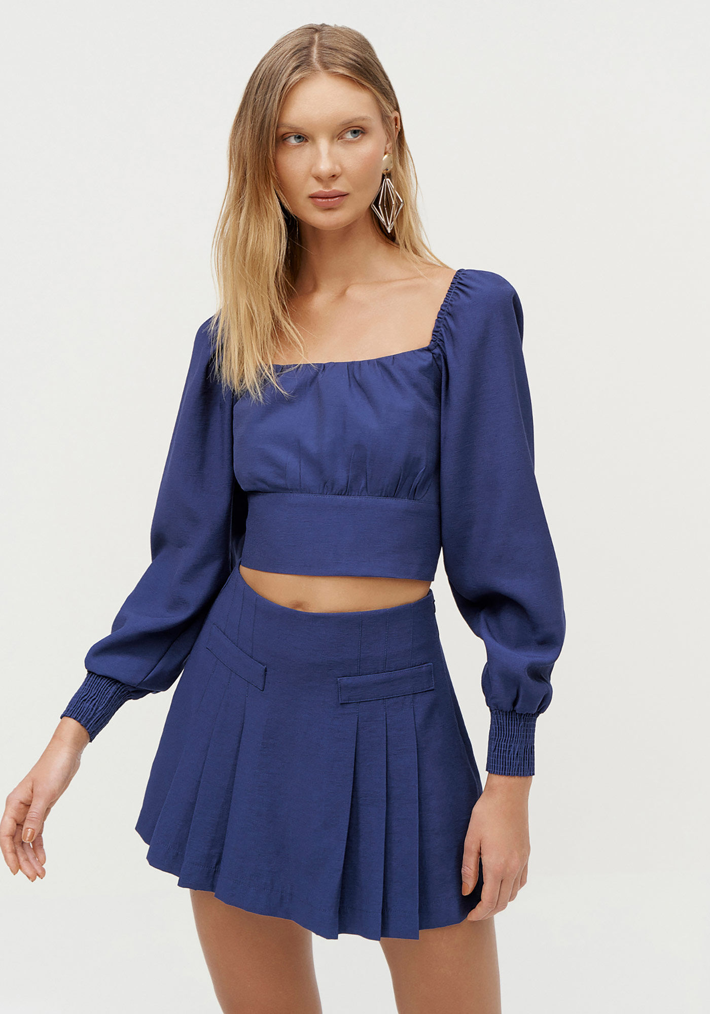 Blusa Manga Longa Cropped Balon&ecirc;, AZUL AZULON, large.