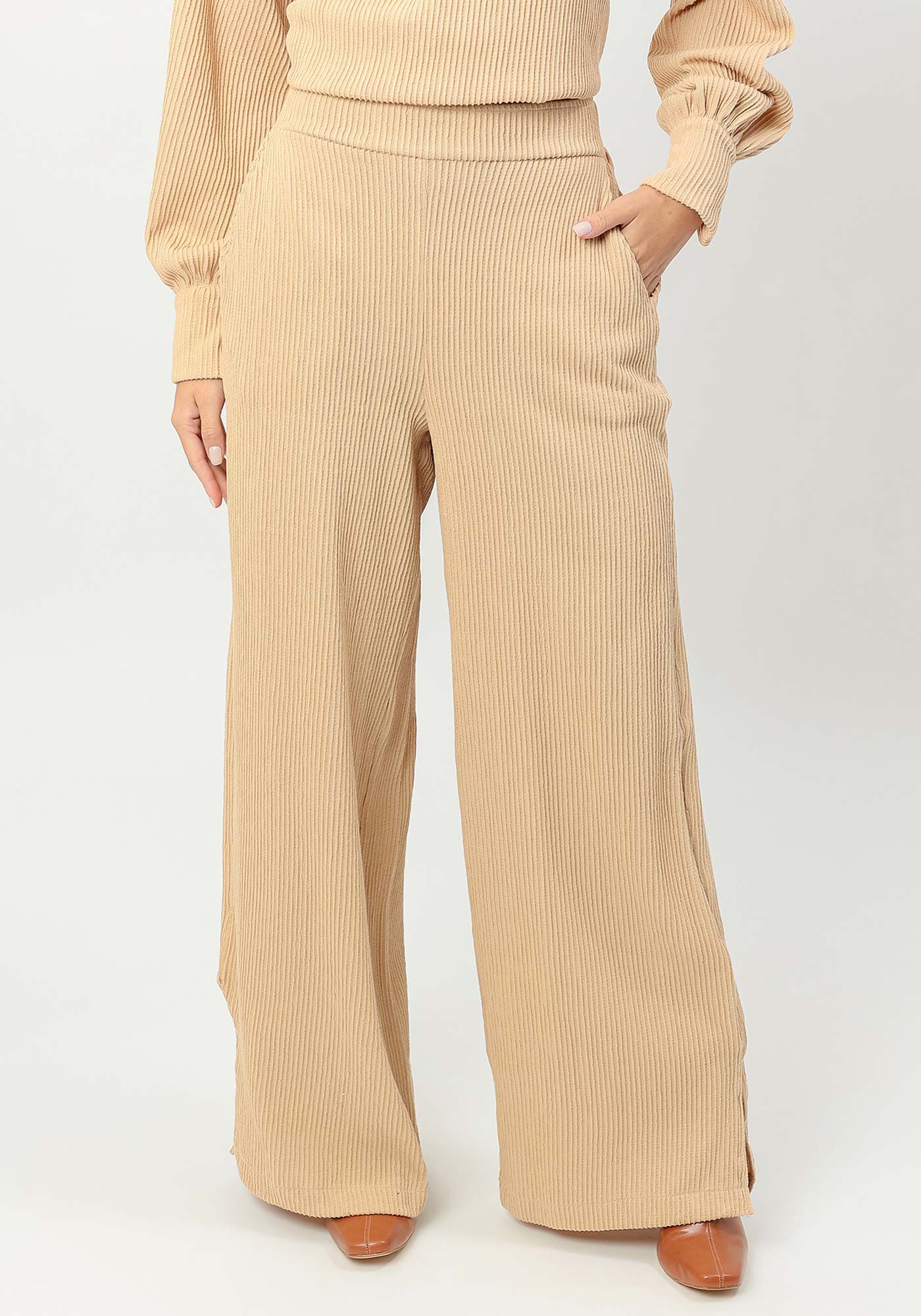 Cal&ccedil;a Pantalona em Malha com Bolsos, BEGE FLAME, large.