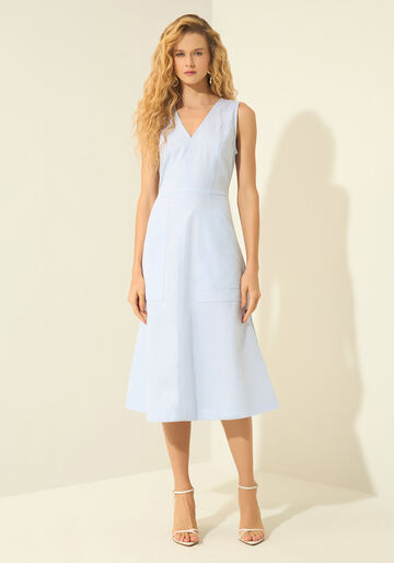 Vestido Midi Em Alfaiataria Com Decote Em V, AZUL PUPPY. Vestido Midi Em Alfaiataria Com Decote Em V, AZUL PUPPY, large.