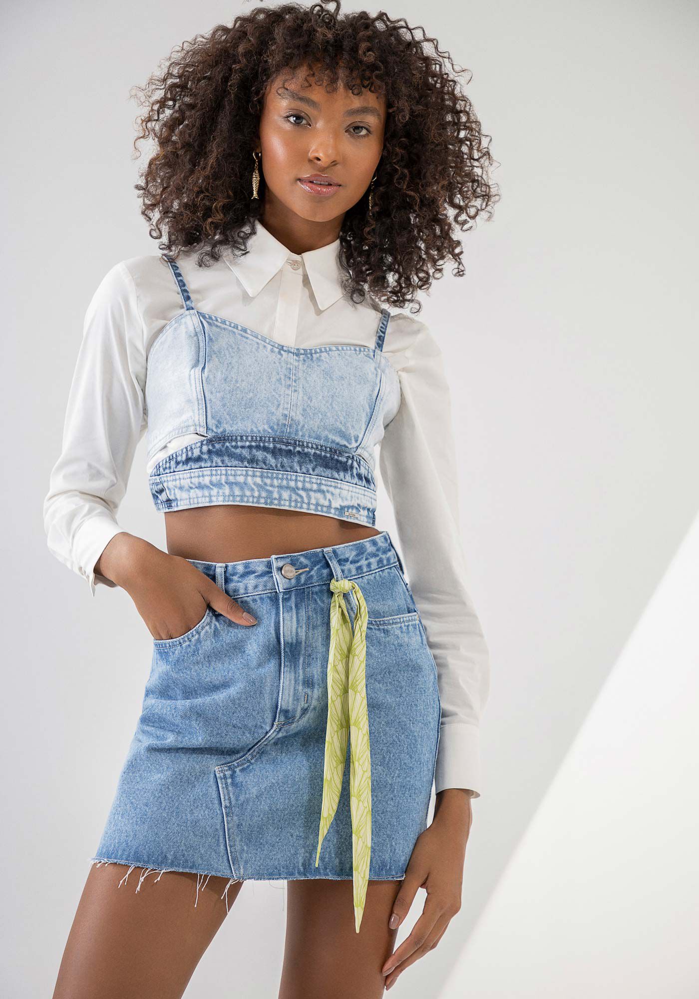 Saia jeans preta cintura hotsell alta