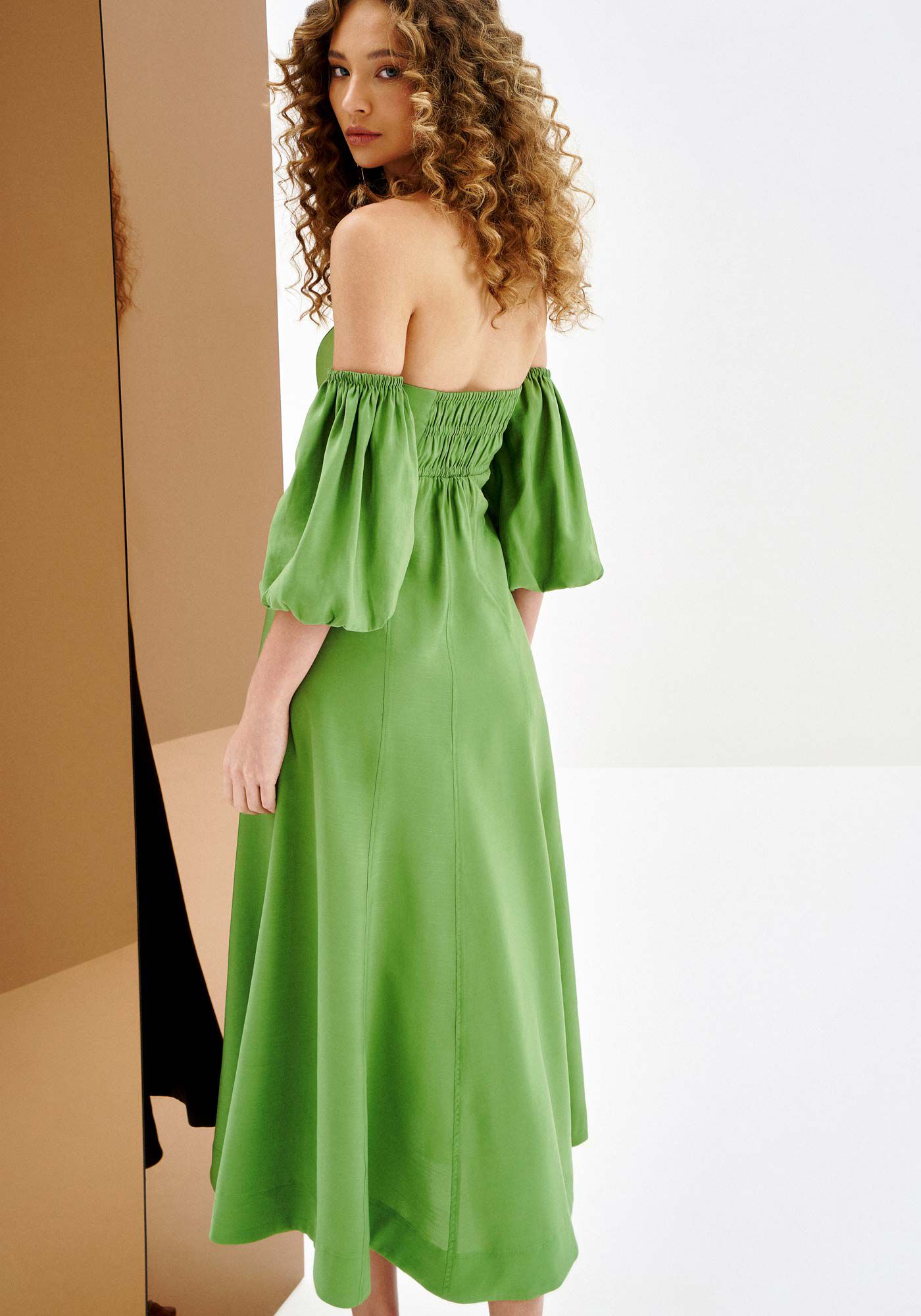 Vestido Midi Ombro a Ombro com Manga Bufante, , large.