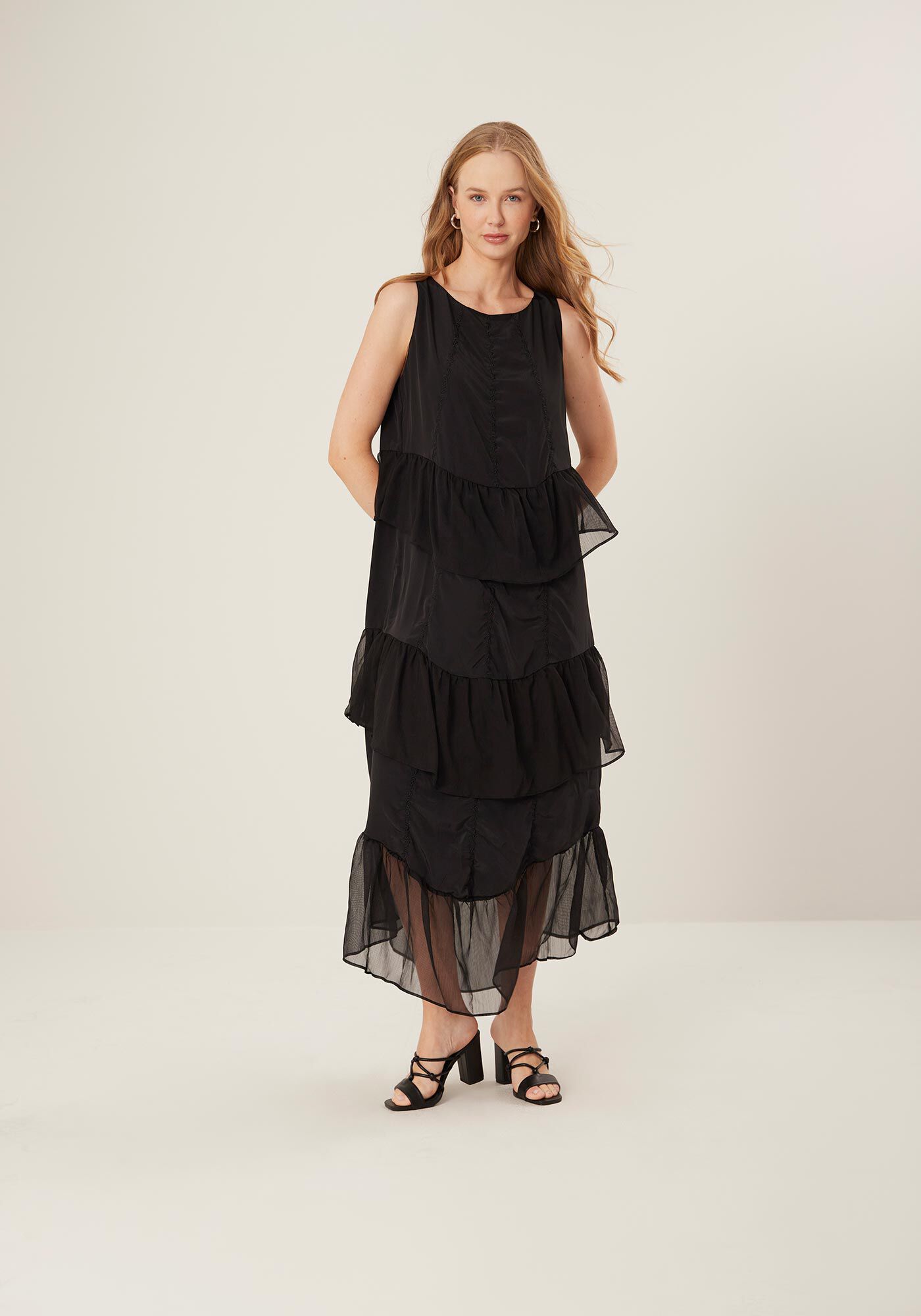 Vestido Longo com Babado e Transpar&ecirc;ncia, , large.