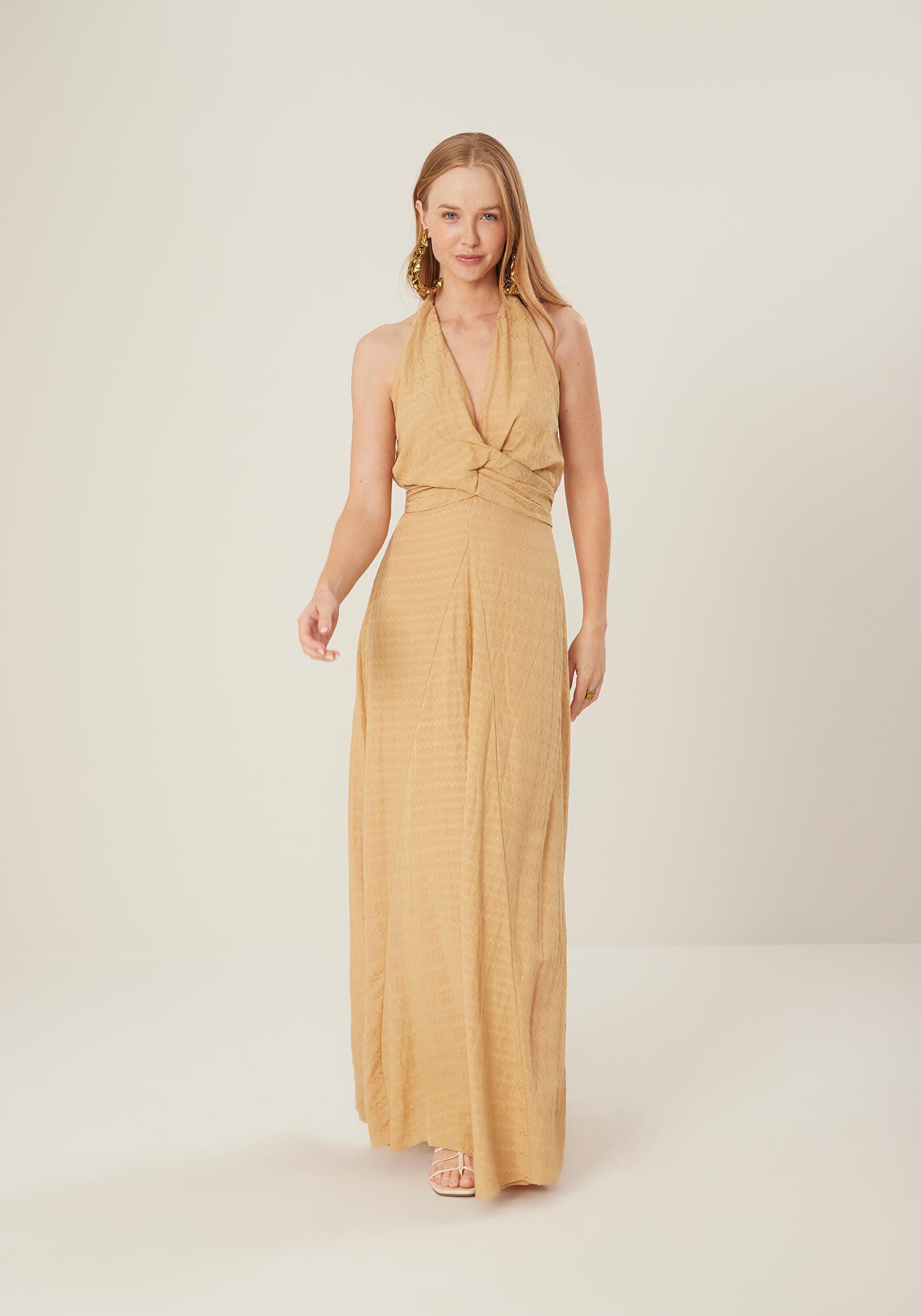 Vestido Frente &Uacute;nica Longo com Tor&ccedil;&atilde;o Decote, BEGE BIRCH, large.