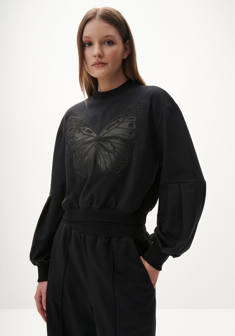 Blusão Cropped Manga Bufante com Bordado Borboleta, . Blusão Cropped Manga Bufante com Bordado Borboleta, , large.