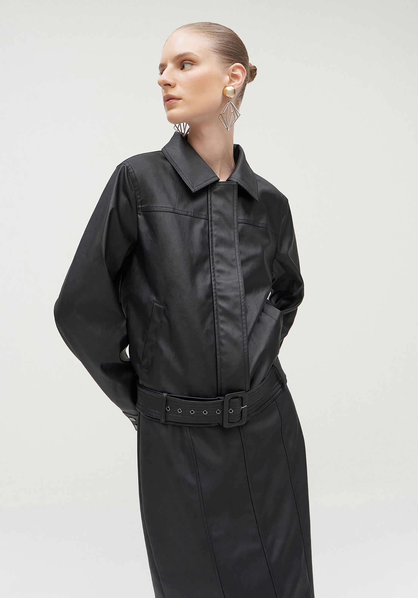 Jaqueta Bomber em PU com Cinto, PRETO REATIVO, large.