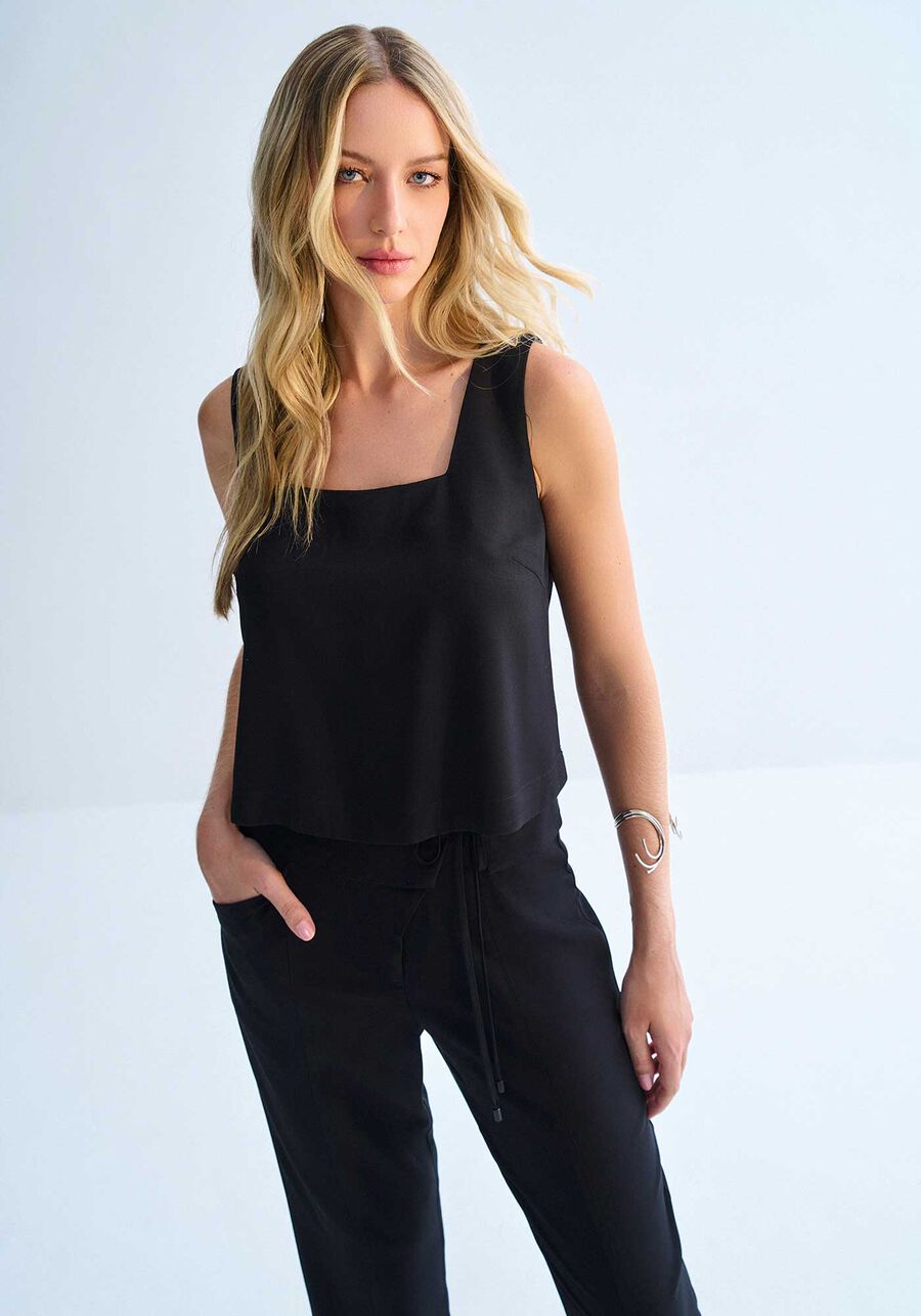 Blusa Altura Cós Alfaiataria Sarjada com Decote Quadrado, . Blusa Altura Cós Alfaiataria Sarjada com Decote Quadrado, , large.