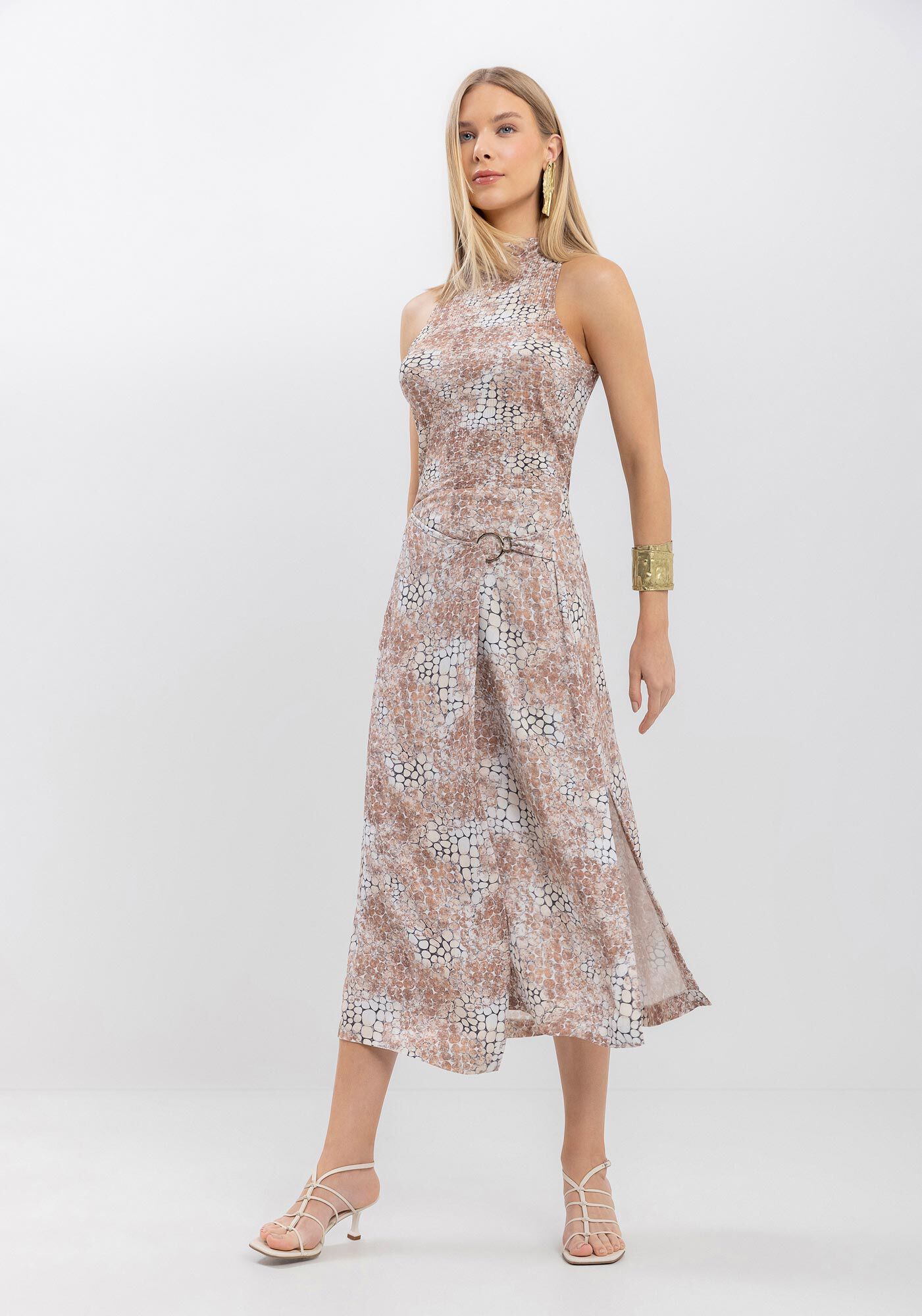 Blusa Estampada Sem Mangas Com Gola Alta Em Malha Canelada, SKIN MARROM, large.