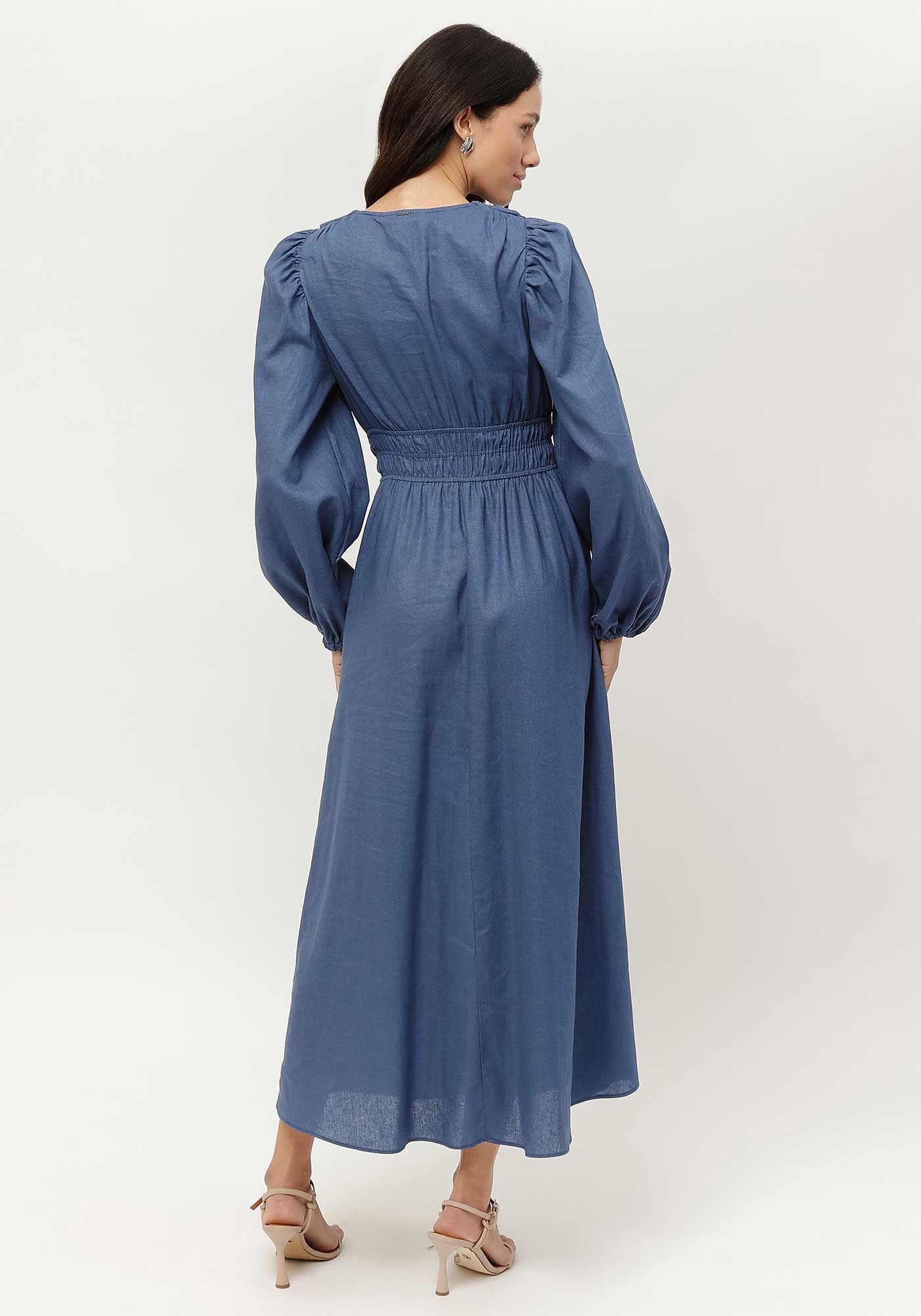 Vestido Midi em Linho com Manga Longa Bufante, MARINHO STELLA, large.