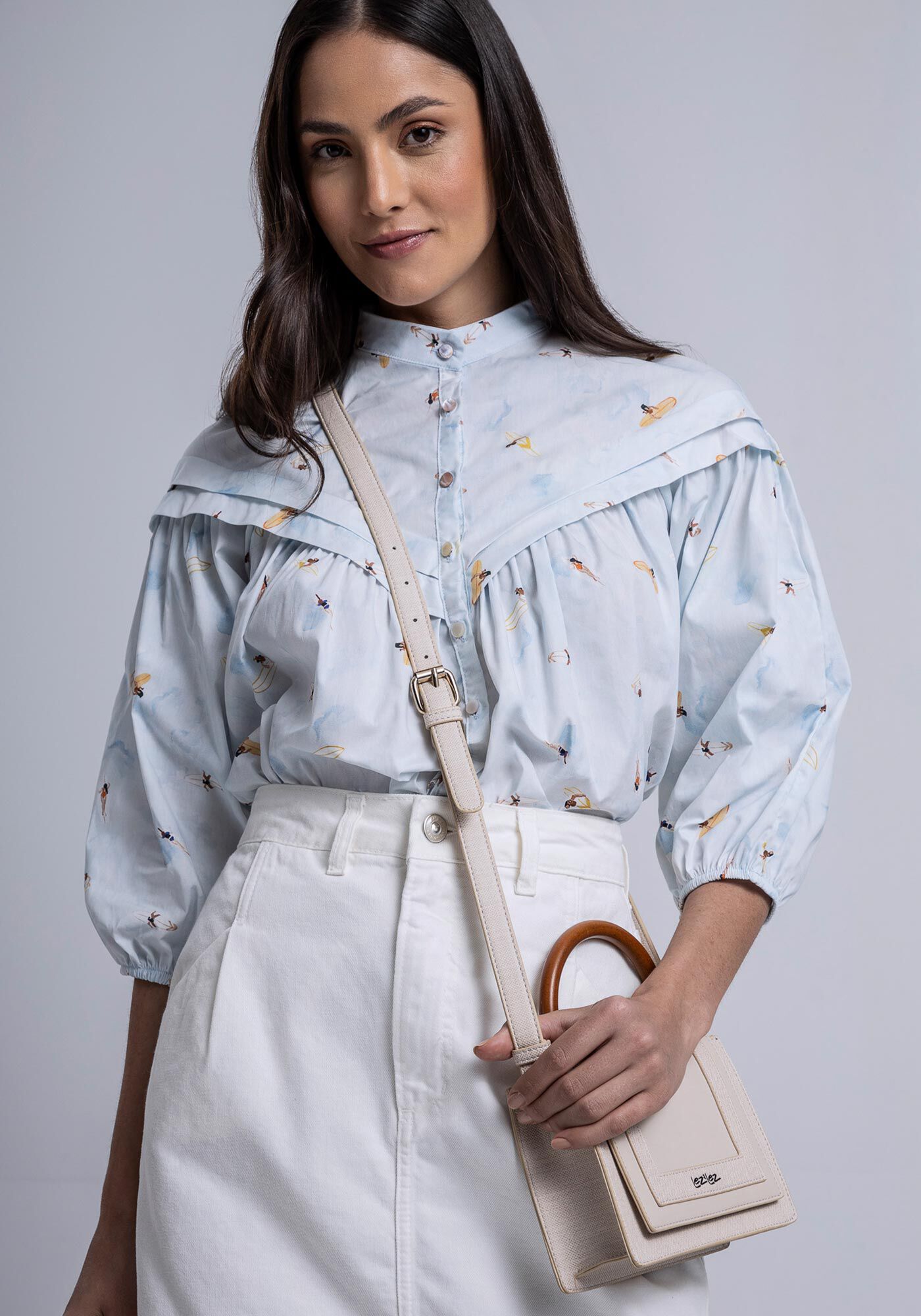 Camisa Manga Bufante em Tricoline com Nervuras, , large.