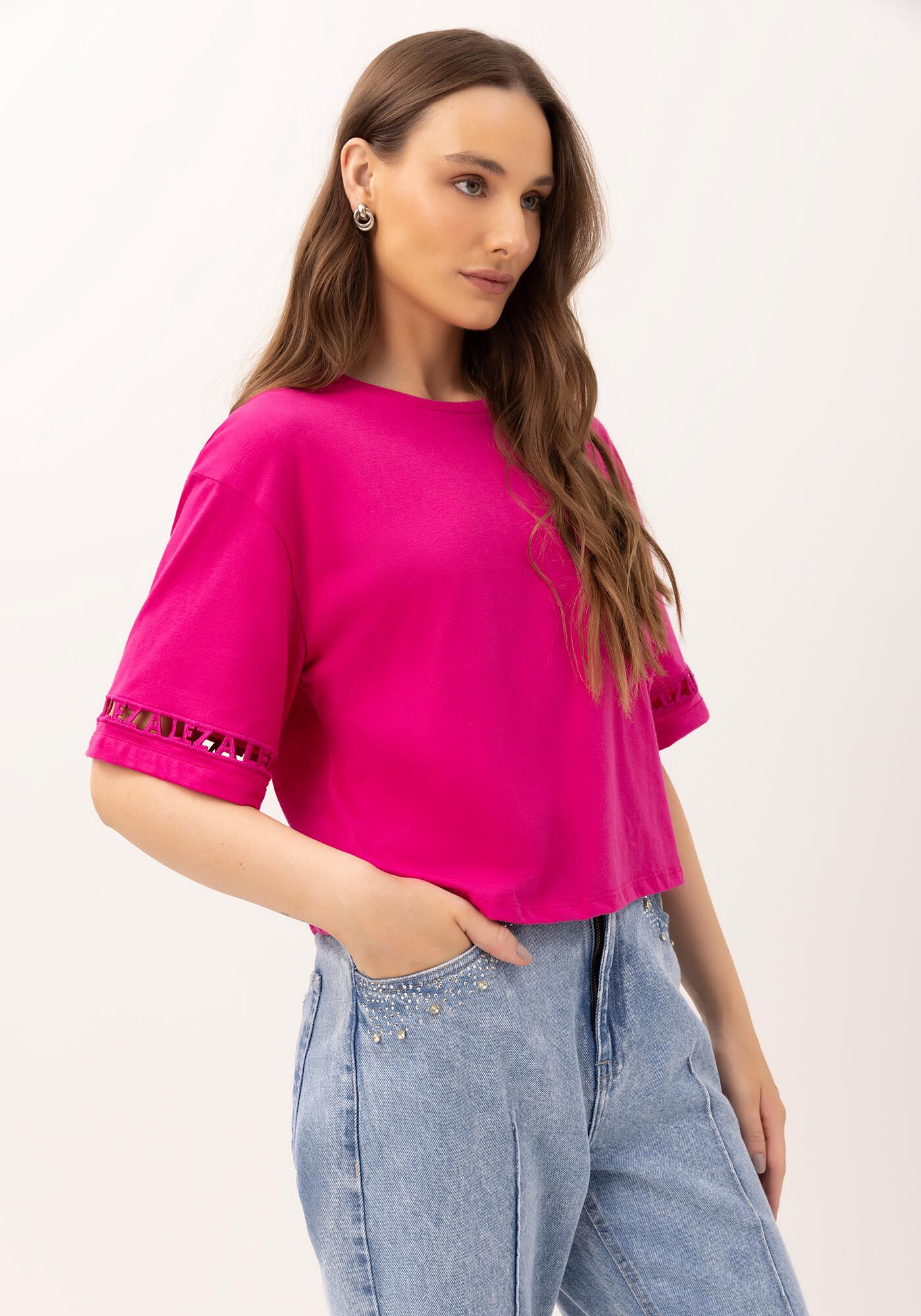 T-shirt Oversized com Bordado Vazado Manga, , large.