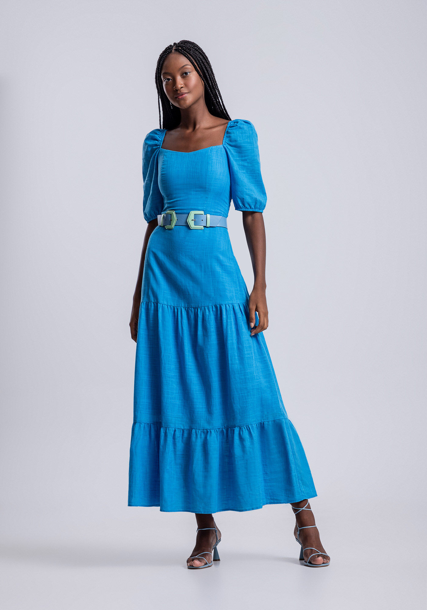 Vestido Midi em Tecido Thige com Manga Bufante, AZUL BAIANO, large.