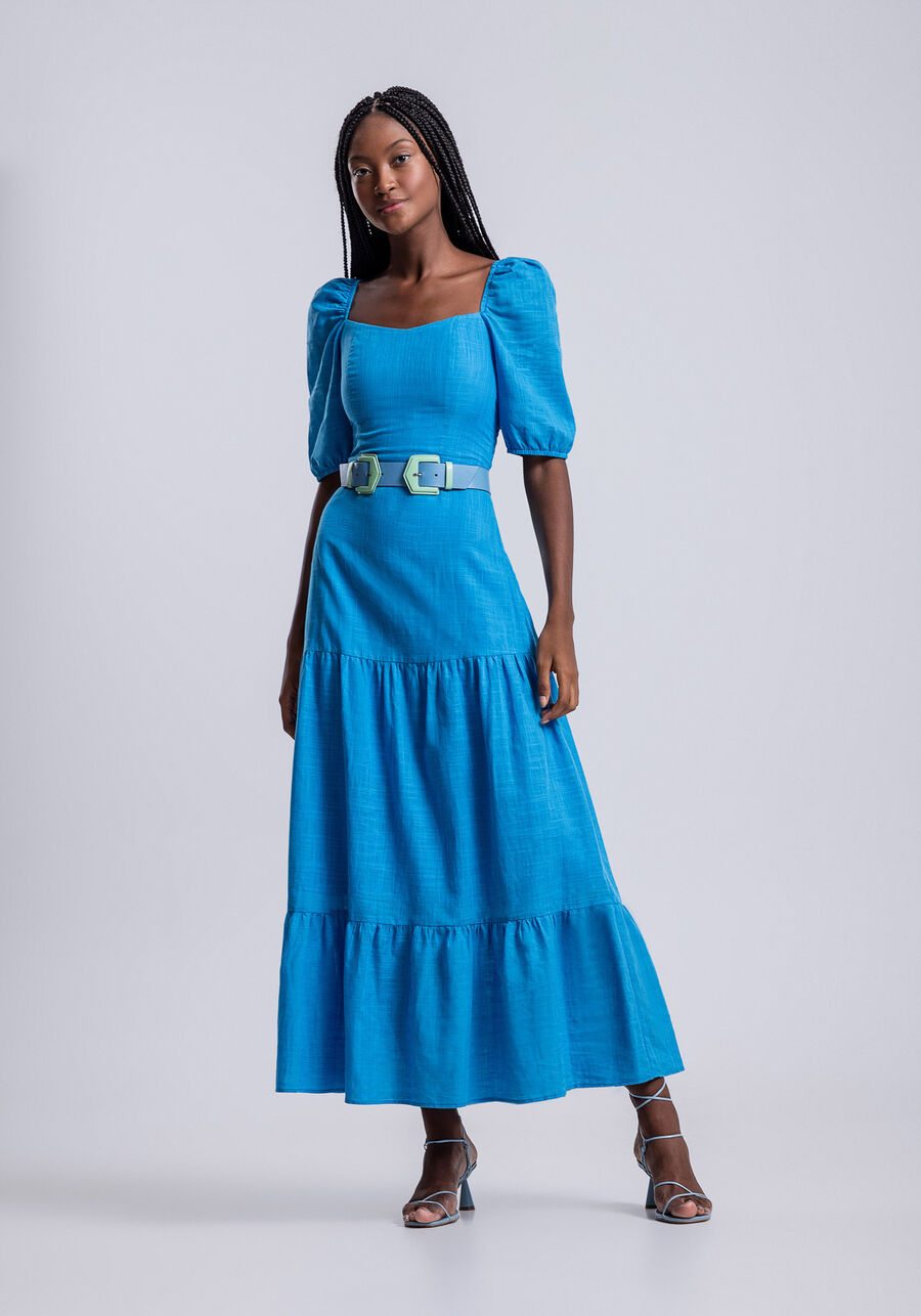 Vestido Midi em Tecido Thige com Manga Bufante, AZUL BAIANO. Vestido Midi em Tecido Thige com Manga Bufante, AZUL BAIANO, large.