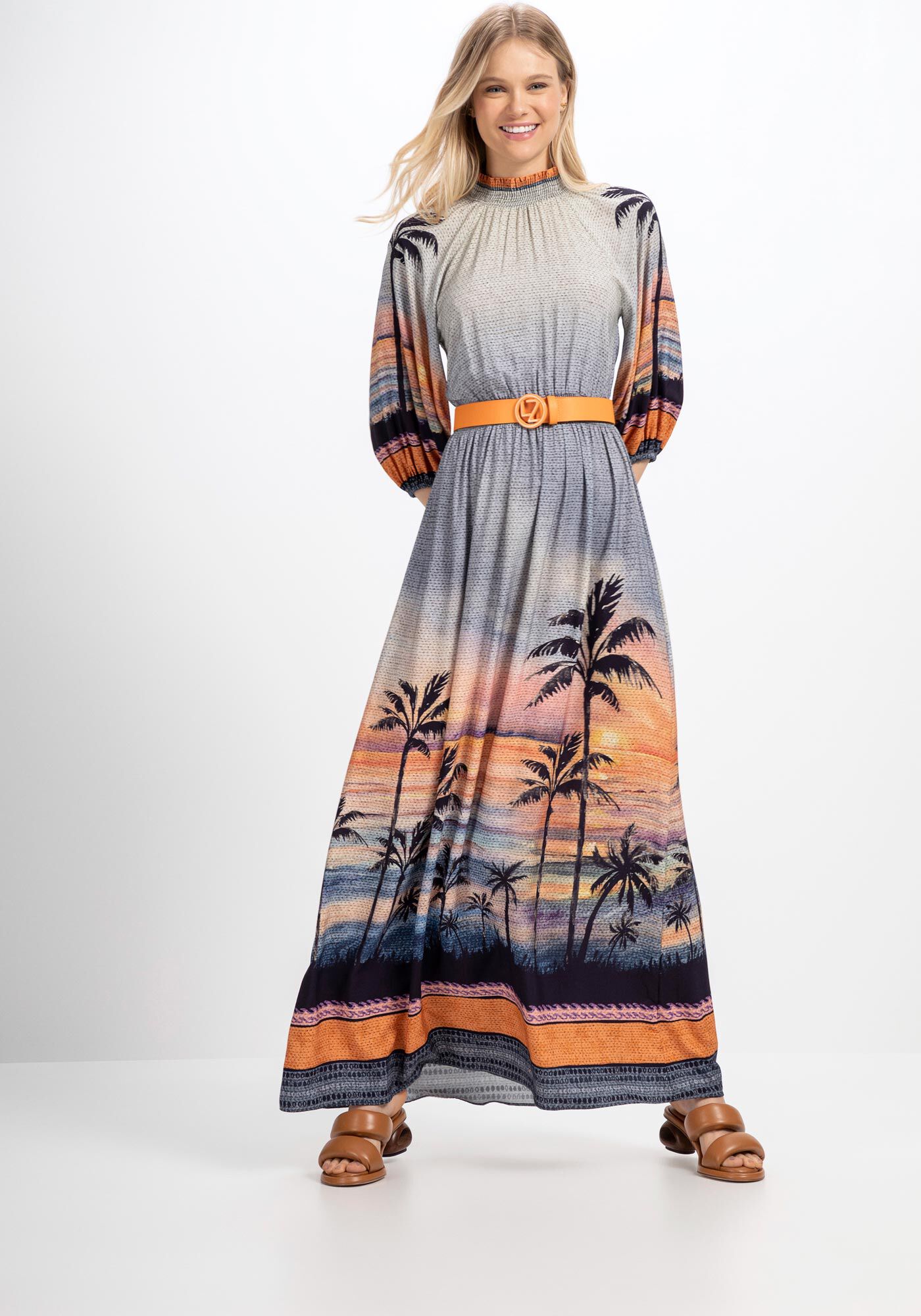 Vestido Longo Estampado em Viscose com Gola Alta, , large.