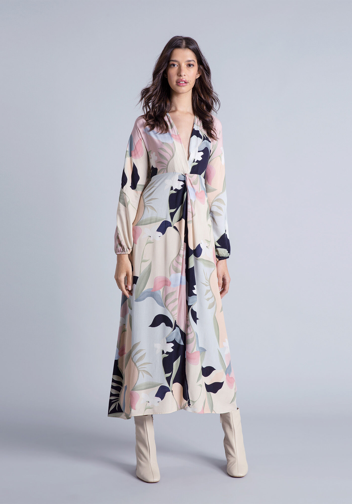 Vestido Manga Longa M&iacute;di Cinto, , large.