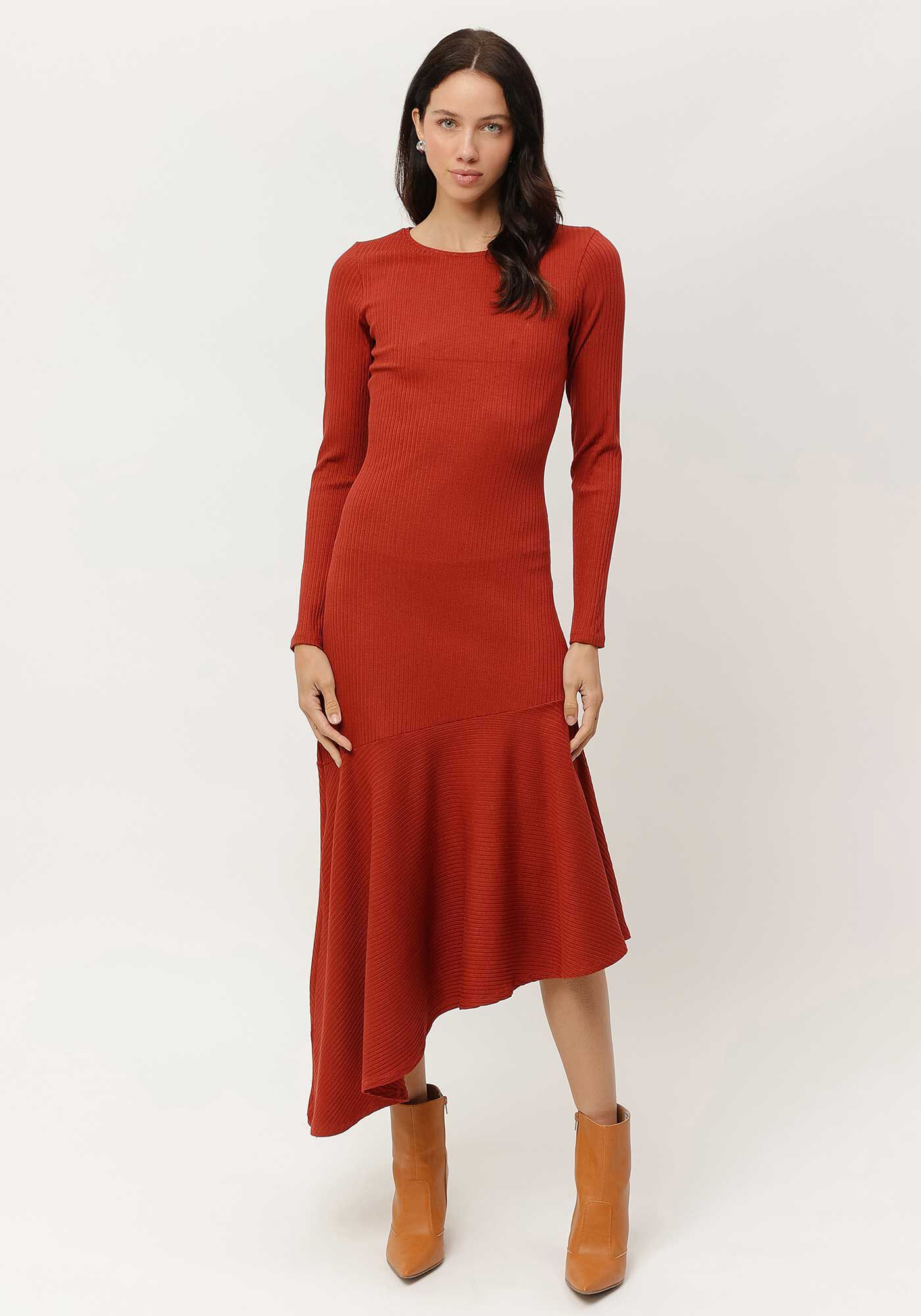 Vestido Midi Manga Longa com Barra Assim&eacute;trica, MARROM MUSTANG, large.