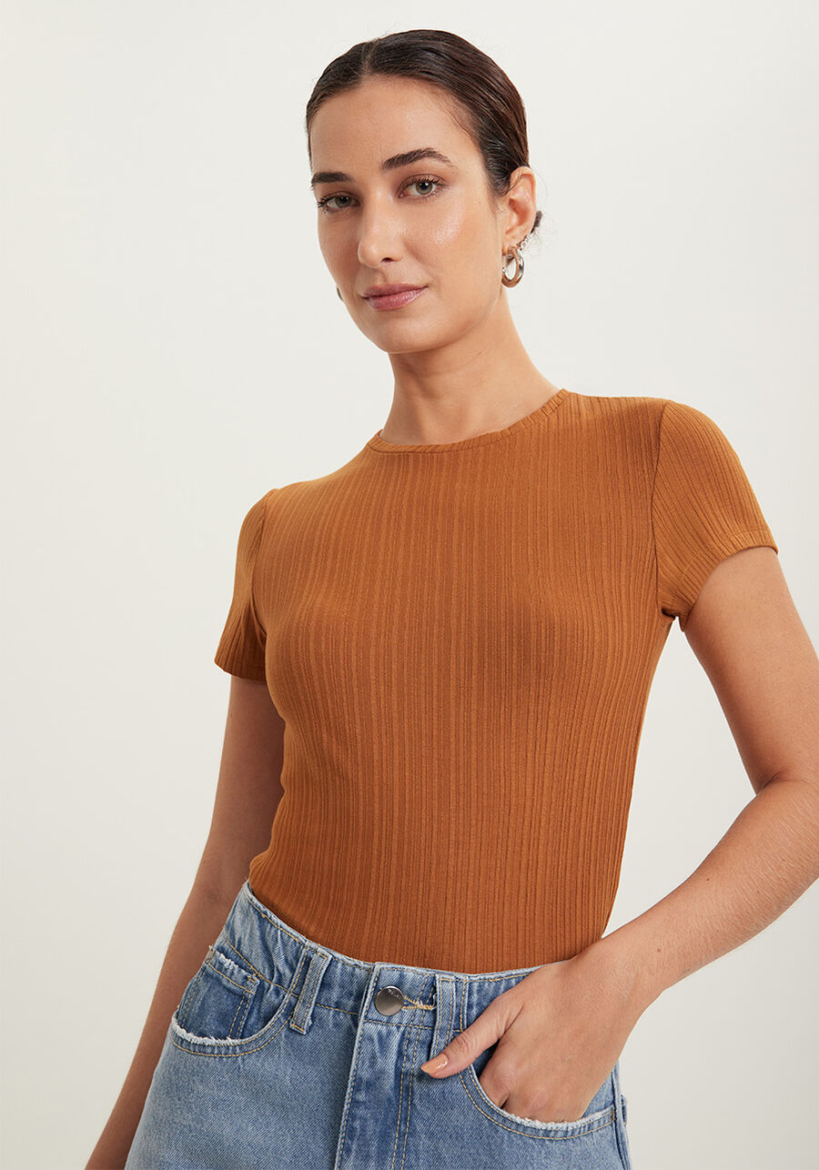 Blusa Básica De Mangas Curtas Em Malha Canelada, . Blusa Básica De Mangas Curtas Em Malha Canelada, , large.