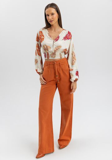 Blusa Estampada De Mangas Longas Com Botões E Elástico, BANANEIRA BEGE. Blusa Estampada De Mangas Longas Com Botões E Elástico, BANANEIRA BEGE, large.