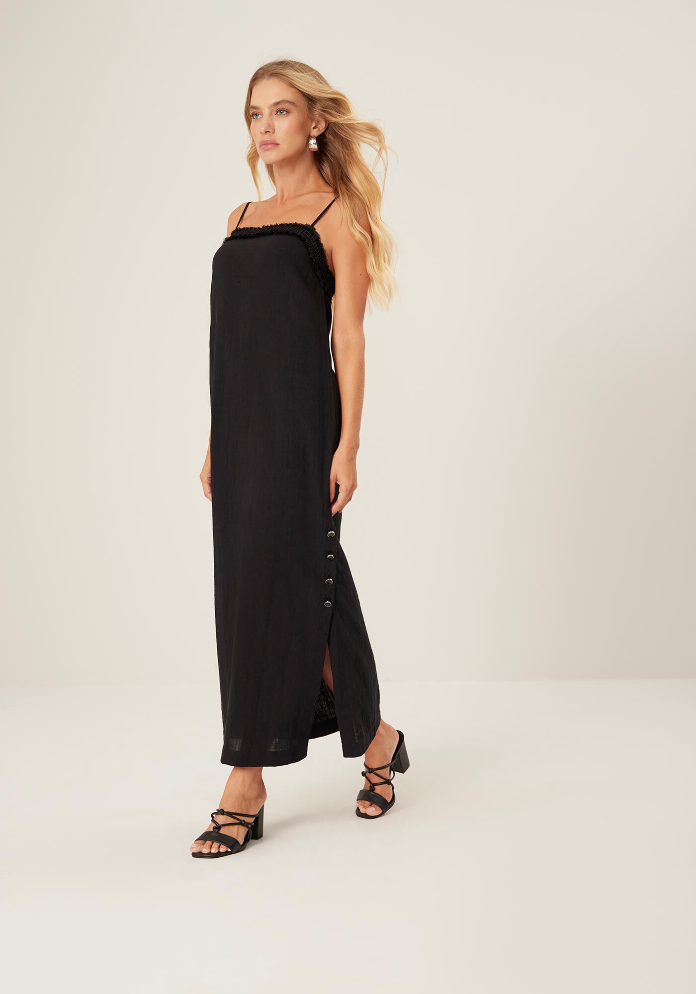 Vestido Midi em Cotton com Fenda e Bot&otilde;es, , large.