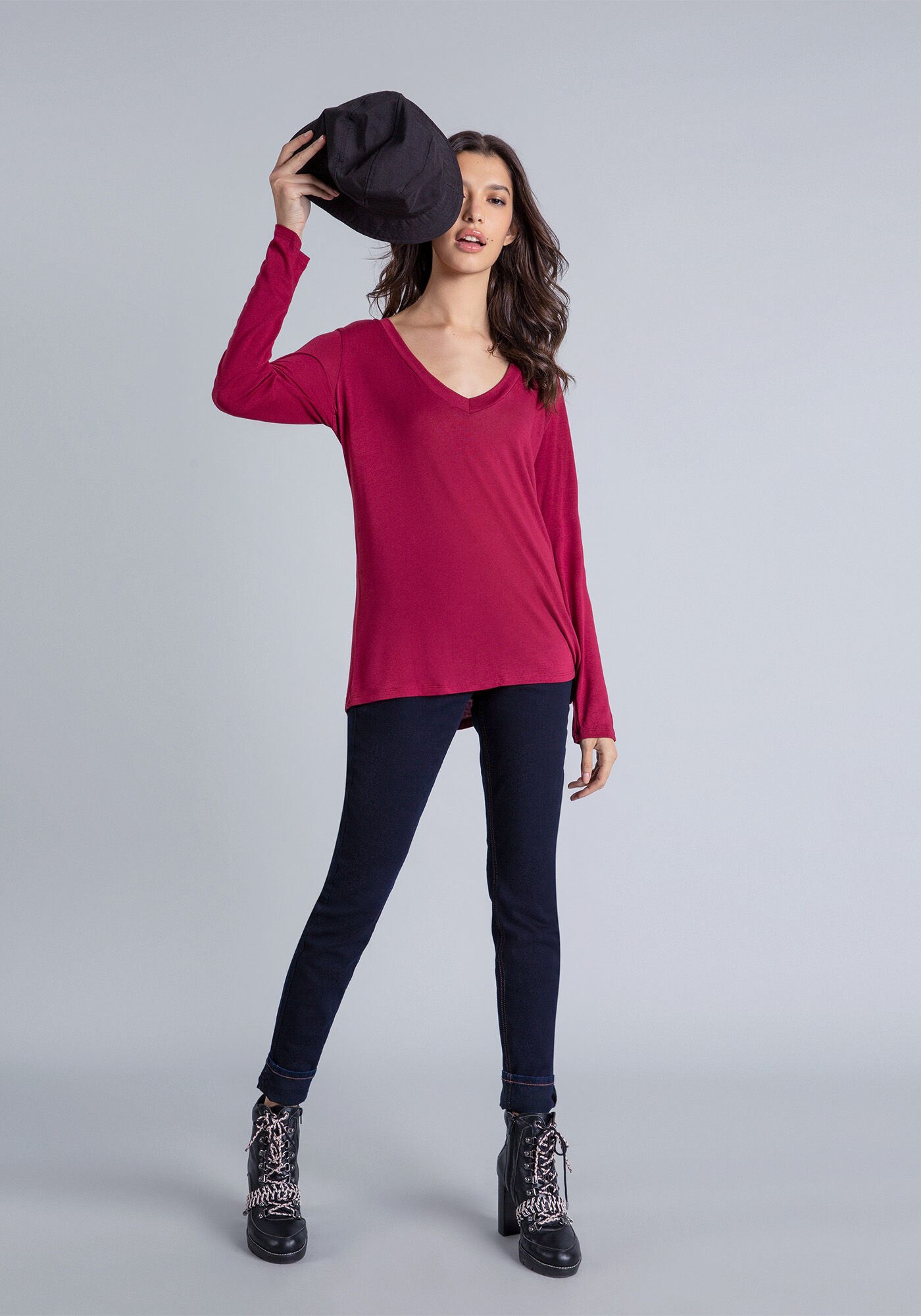 Blusa Manga Longa Decote V, , large.