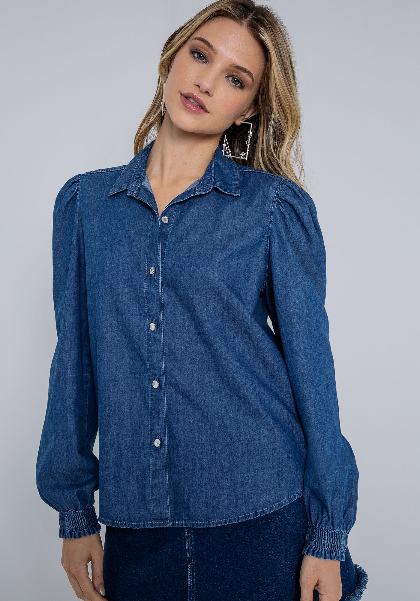 Camisa Manga Longa Bufante em Jeans, , large.