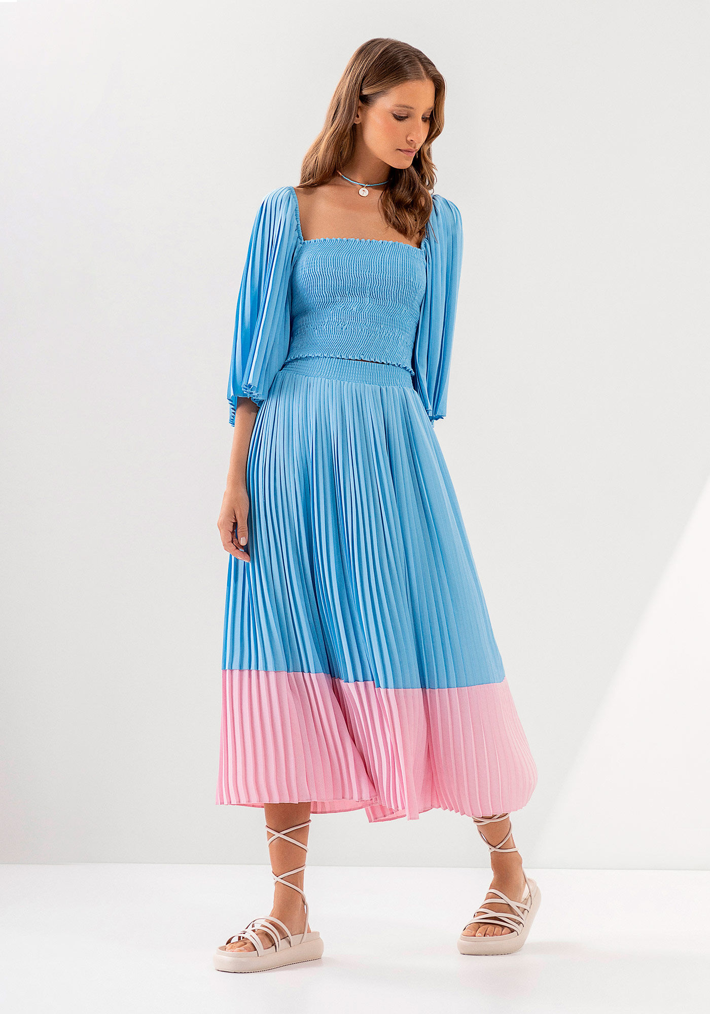 Saia Midi Plissada com Recorte Duo, , large.