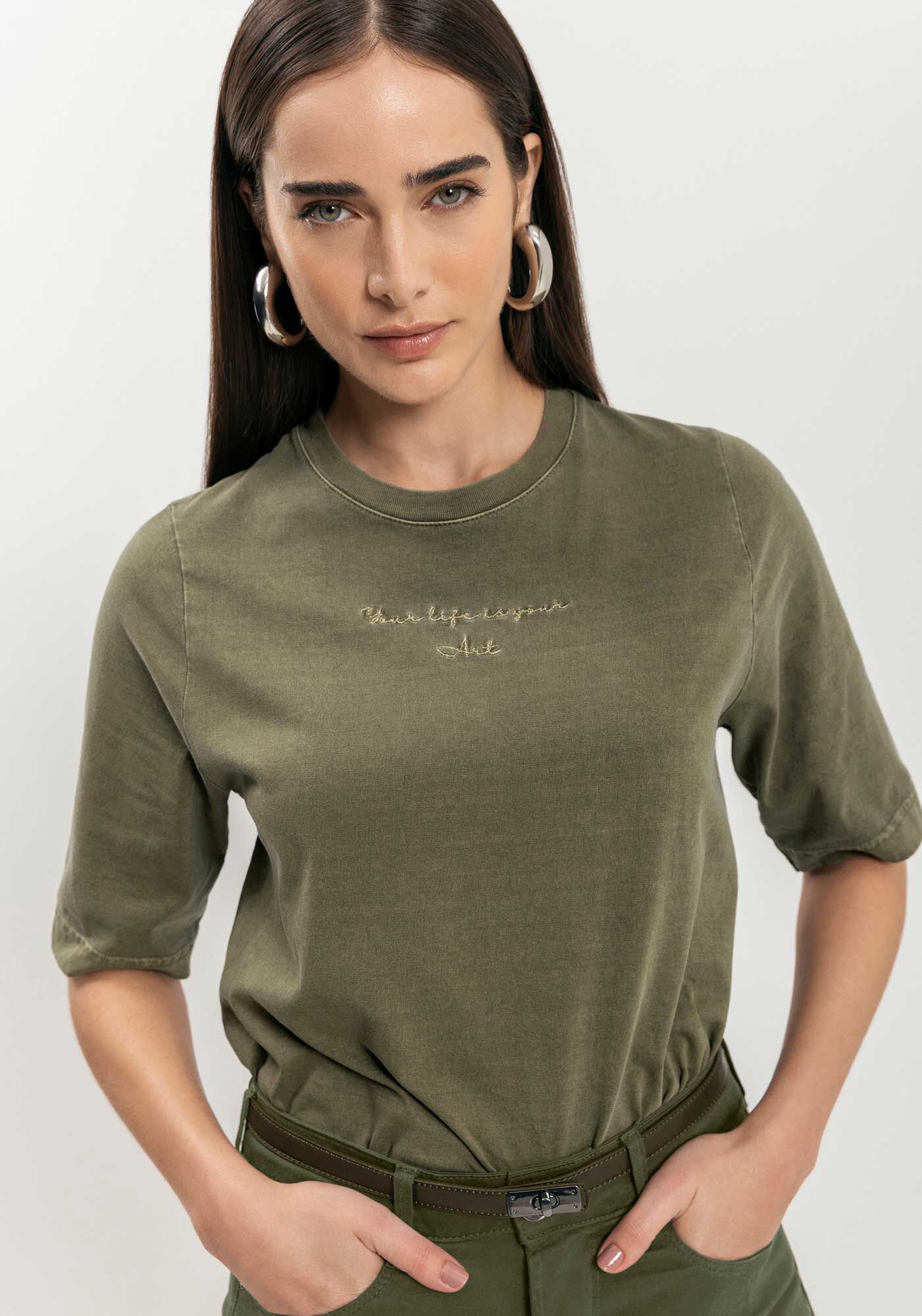 Blusa T-shirt De Mangas Curtas Com Bordado Em Fio De Lurex, , large.