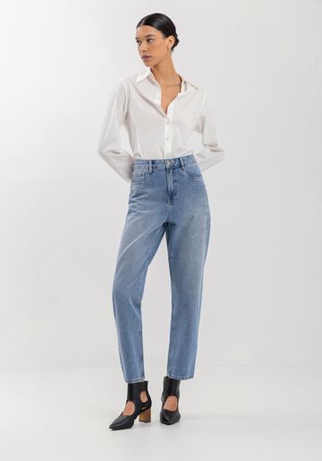 Calça Mom Jeans Com Cintura Alta E Apliques De Strass, JEANS. Calça Mom Jeans Com Cintura Alta E Apliques De Strass, JEANS, large.