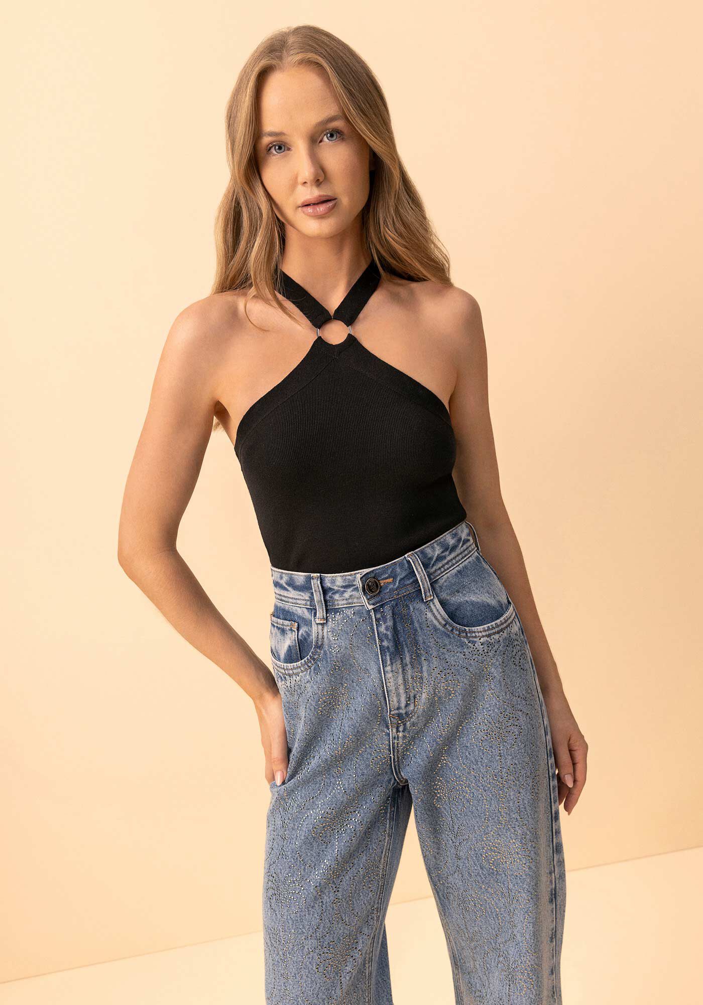 Blusa Justa Com Argola Em Malha Tric&ocirc;, PRETO, large.