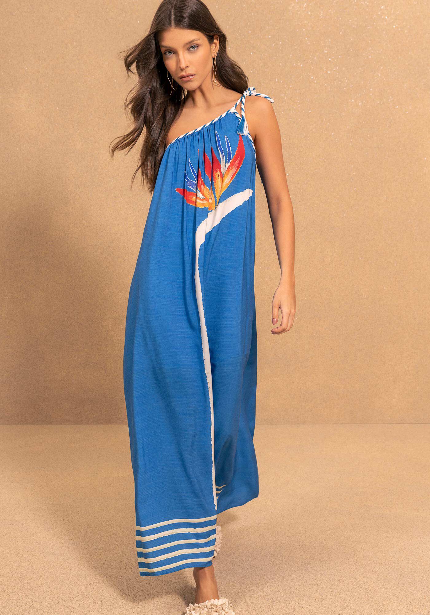 Vestido Longo Estampado Um Ombro S&oacute; Com Amarra&ccedil;&atilde;o, STRELIZIA MINI AZUL, large.